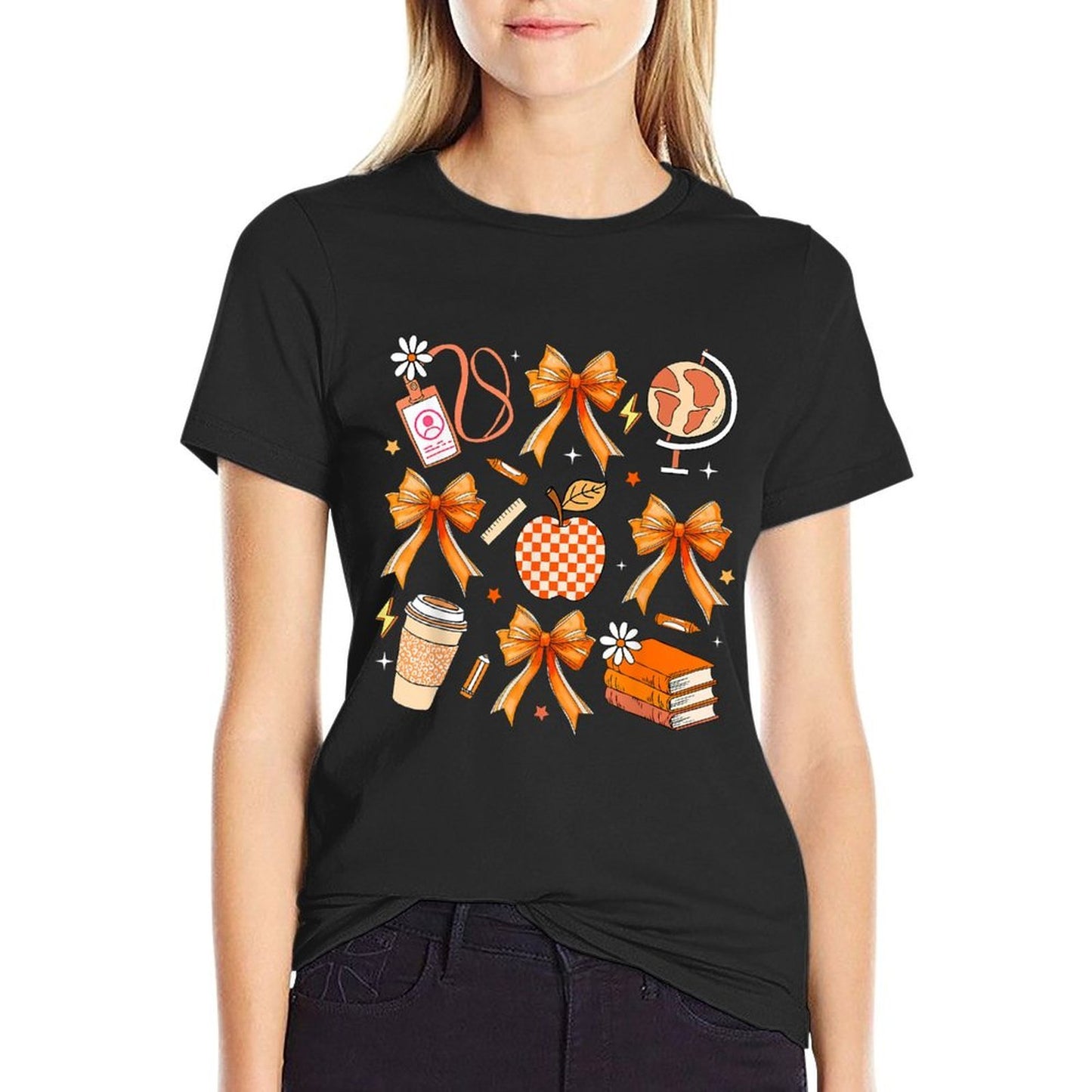 Retro Coquette Bow Teacher Fall Autumn Thanksgiving  Relaxed-fit T-Shirt