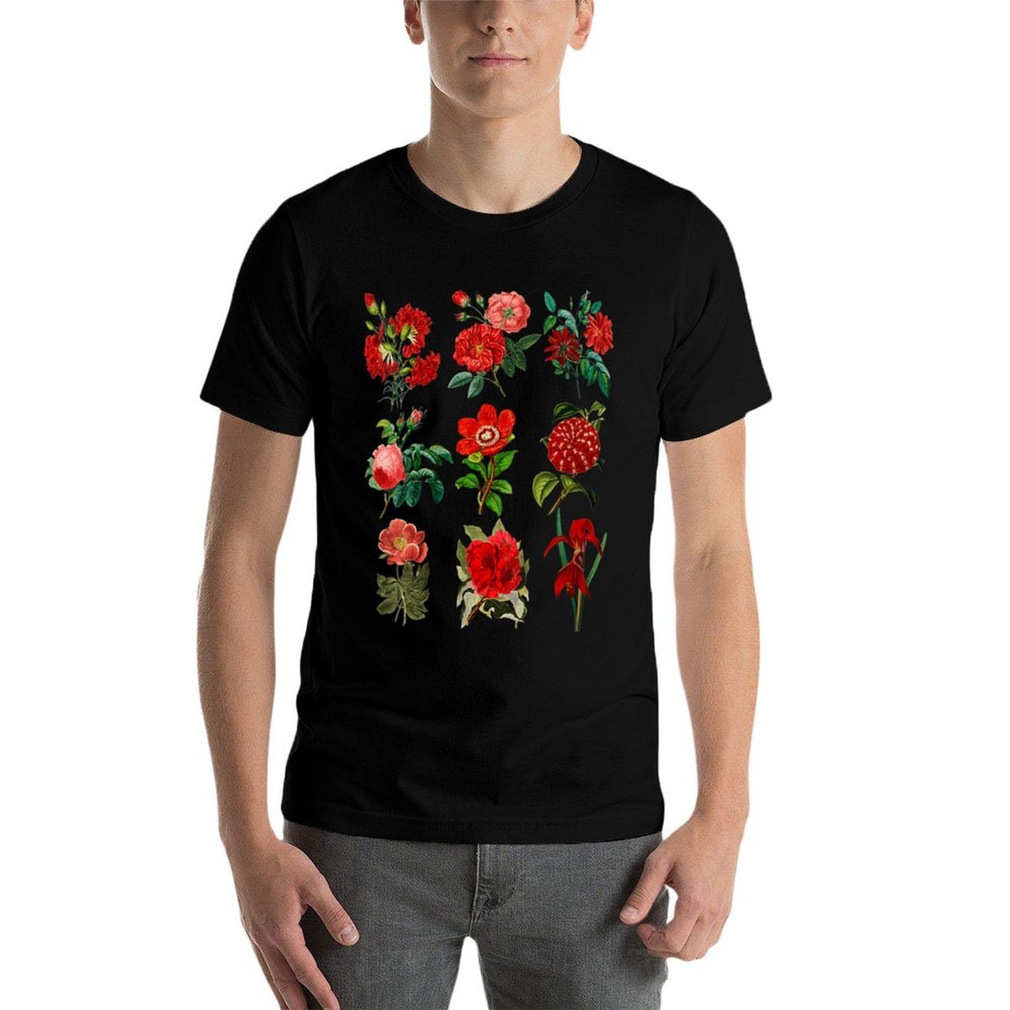 Womens Elegant Red Garden Flowers Vintage Botanical Affordable Price T-Shirt