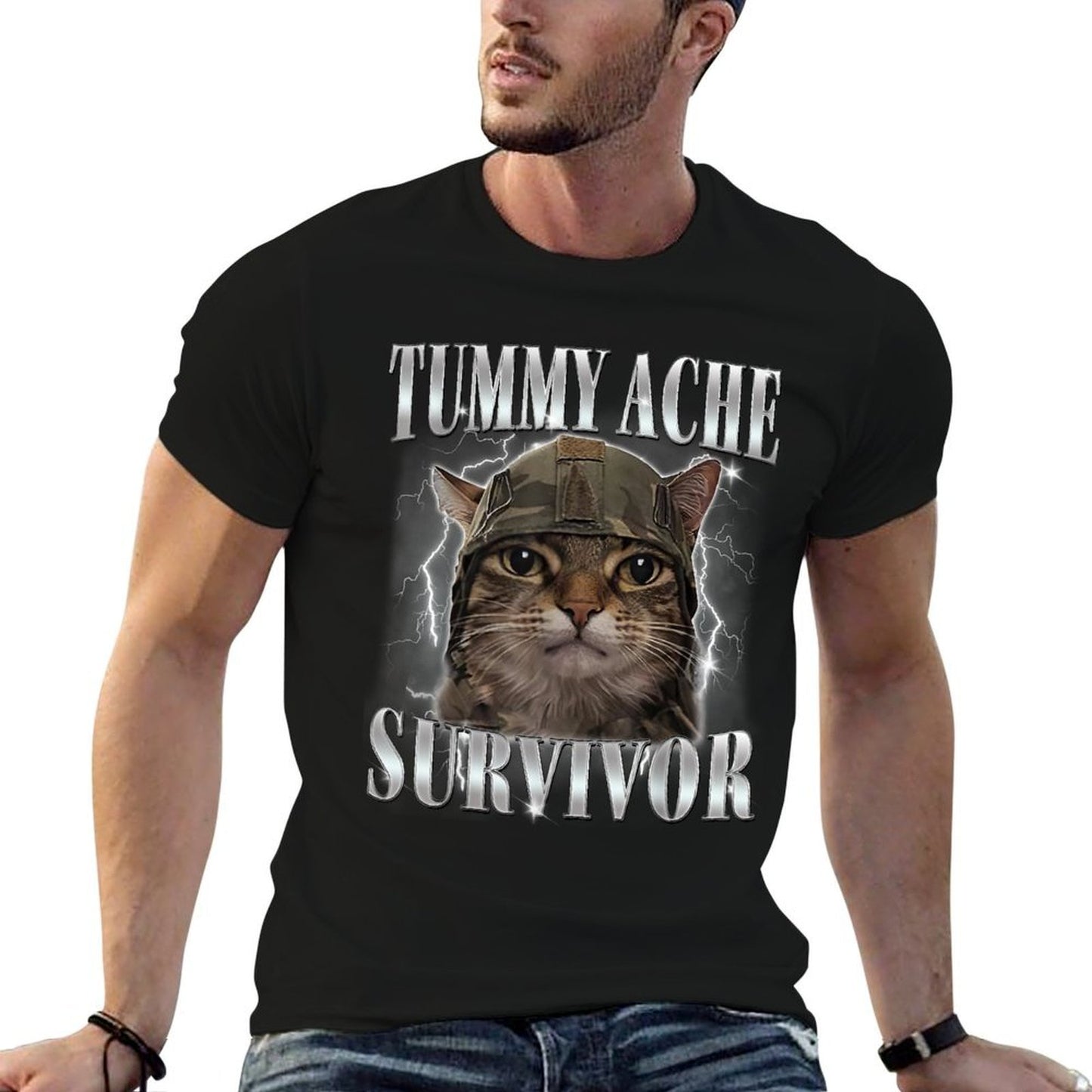 Tummy Ache Survivor Cat Meme Funny Saying Cats Animals Men Women Polyester Blend T-Shirt