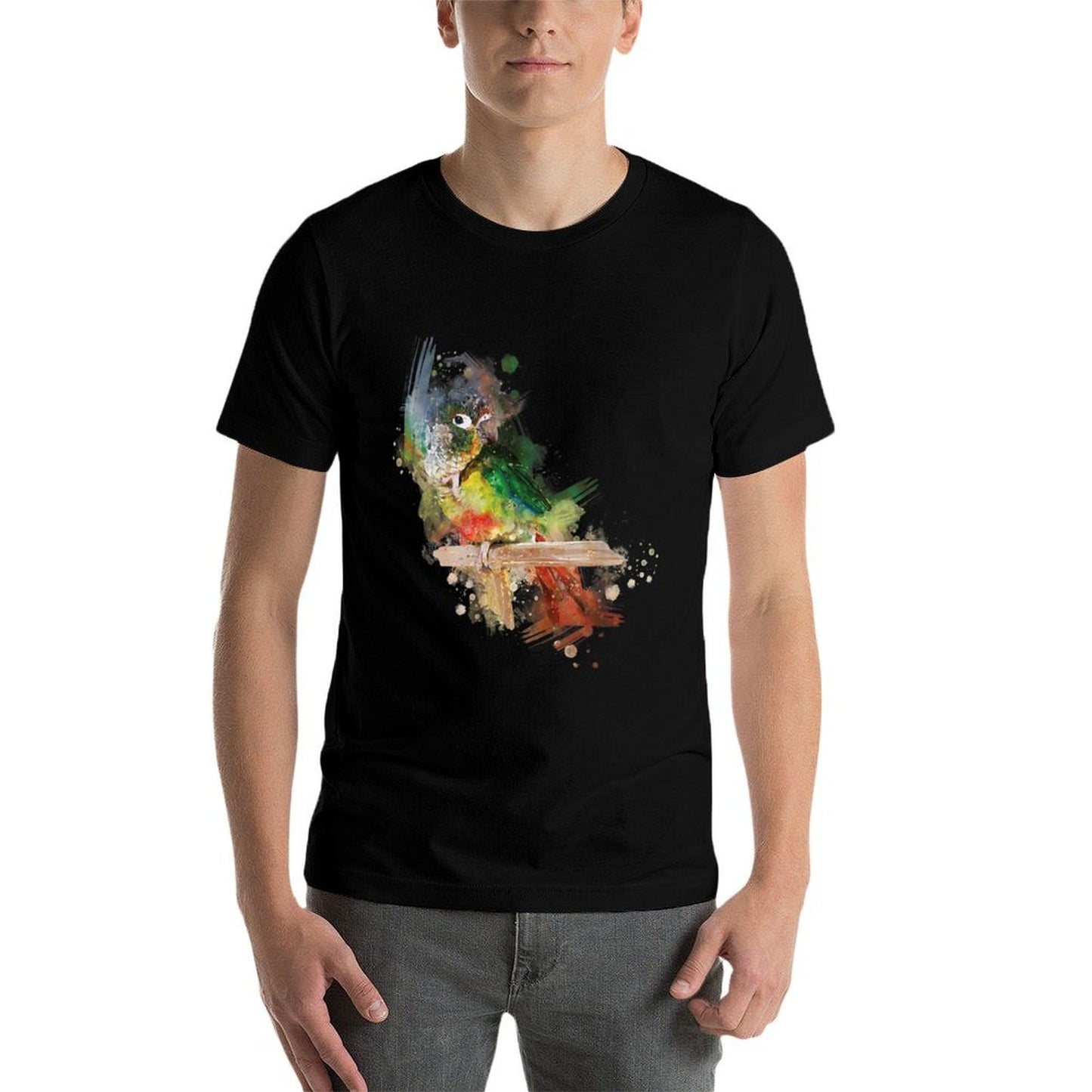 Watercolor Yellow Sided Green Cheek Conure Parrot Rolled Sleeves T-Shirt