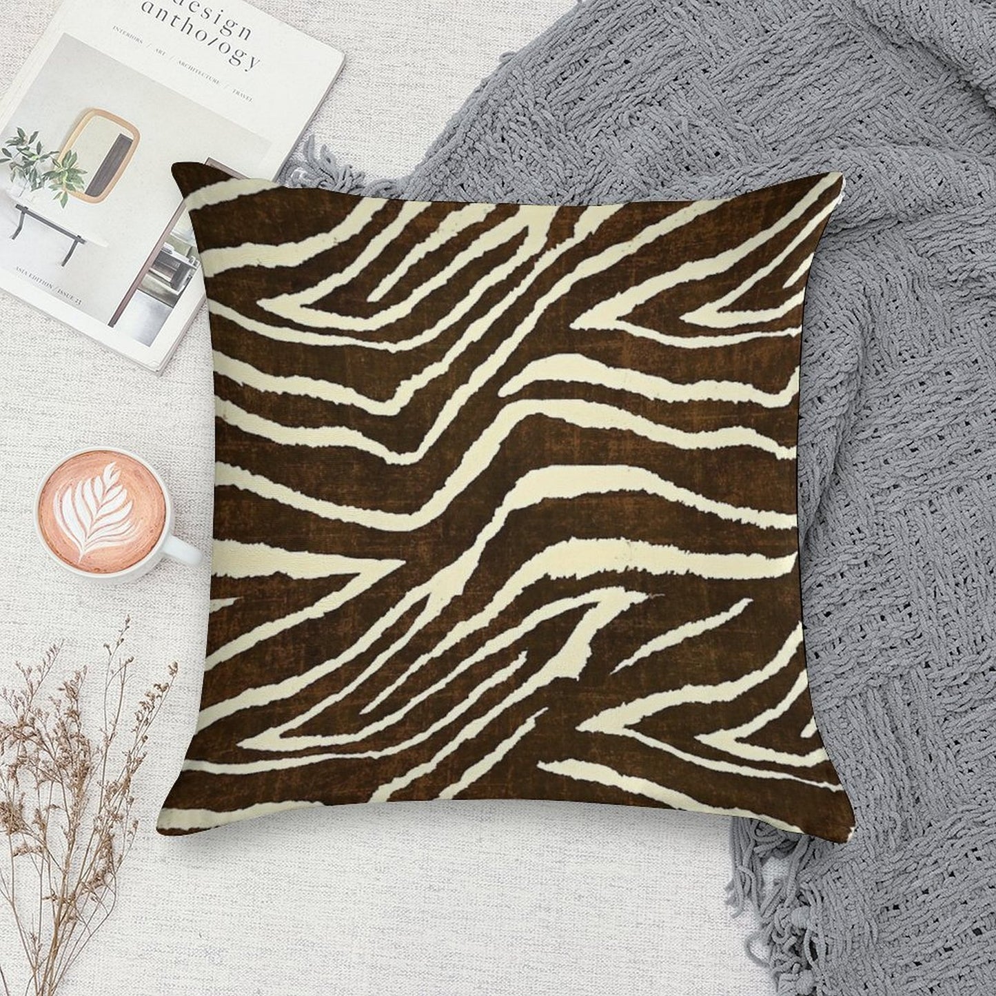 ZEBRA IN WINTER BROWN AND BEIGE ANIMAL PRINT Soft High-Density Material Throw Pillow