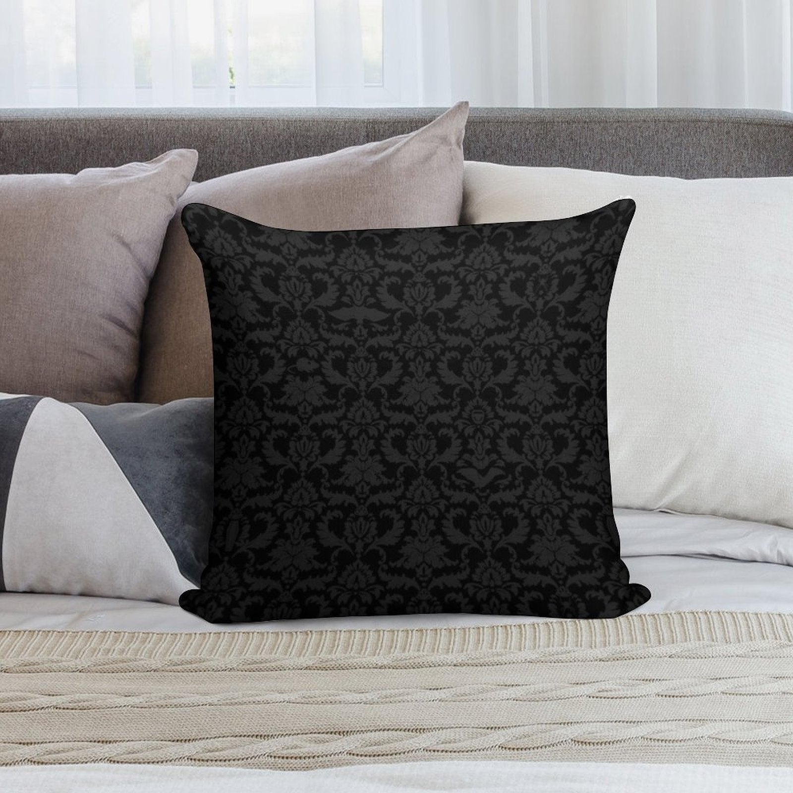 Victorian Gothic Pattern (Black) Soft Washable Throw Pillow