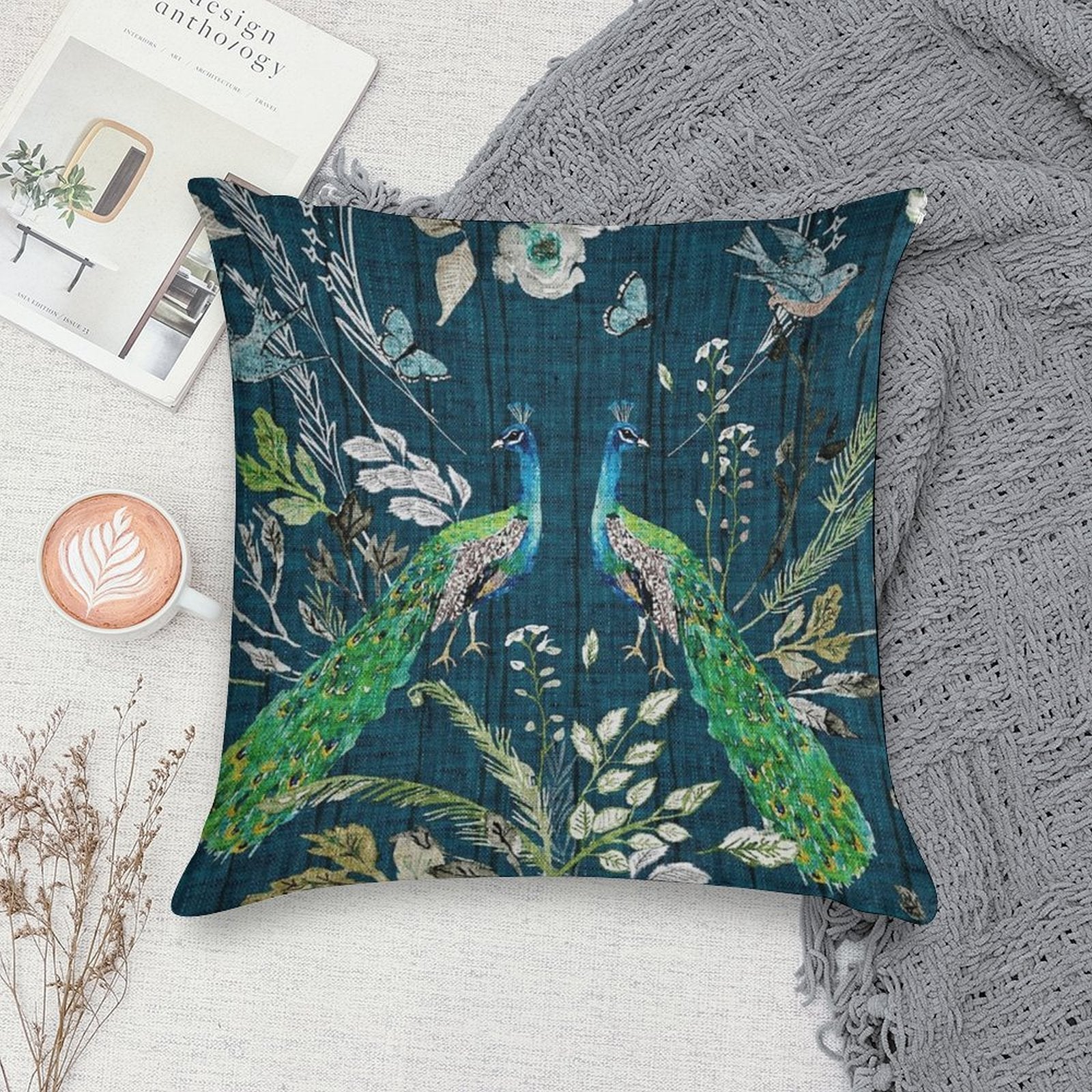 Peacock Chinoiserie (teal) Soft Luxury Feel Throw Pillow