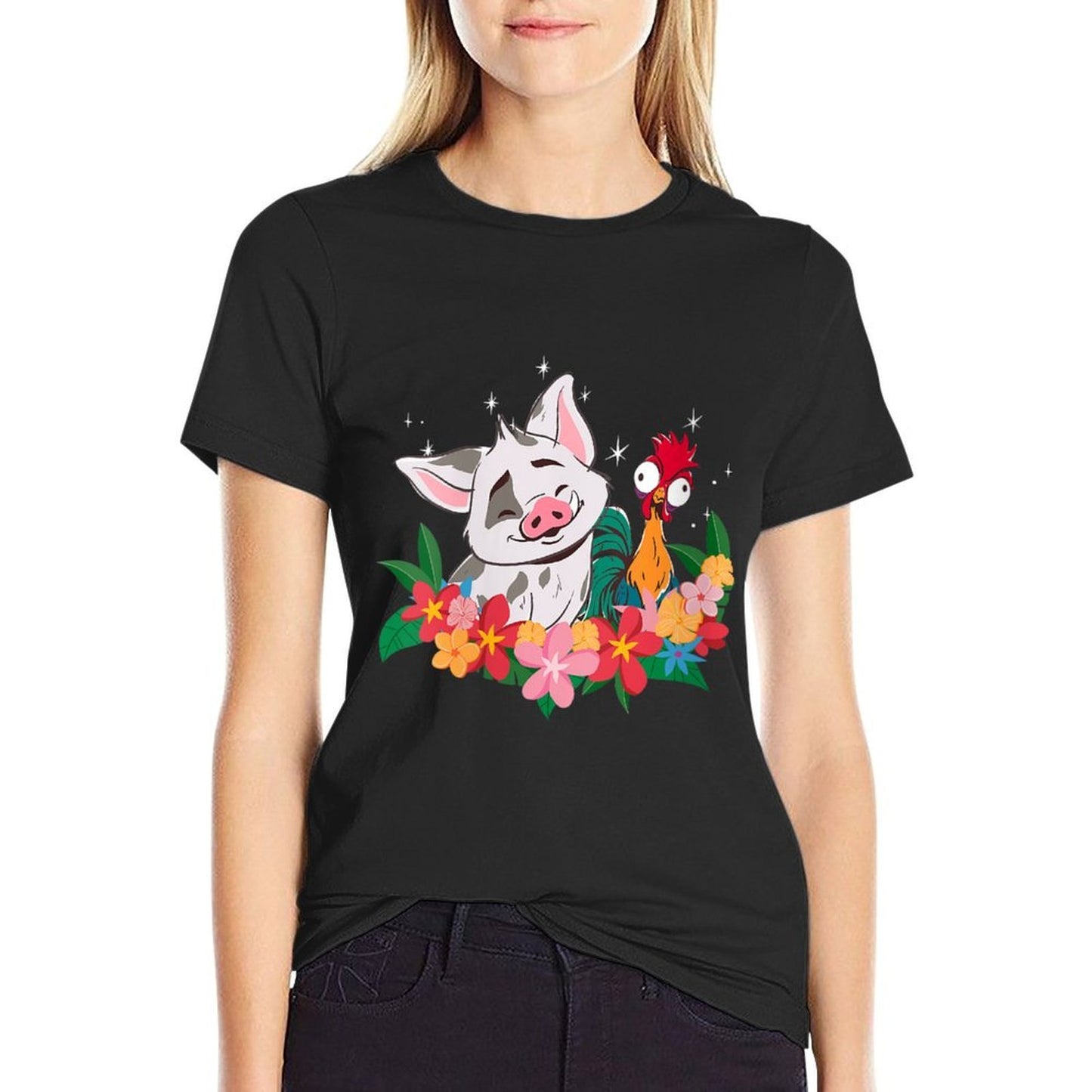 Womens Disney Moana 2 Cute Best Friends Hei Hei And Pua Floral Logo Cotton T-Shirt
