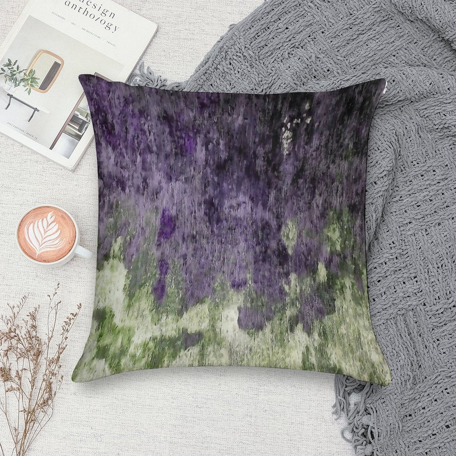 Violet And Olive Abstract Painting Soft Hidden Zipper Throw Pillow