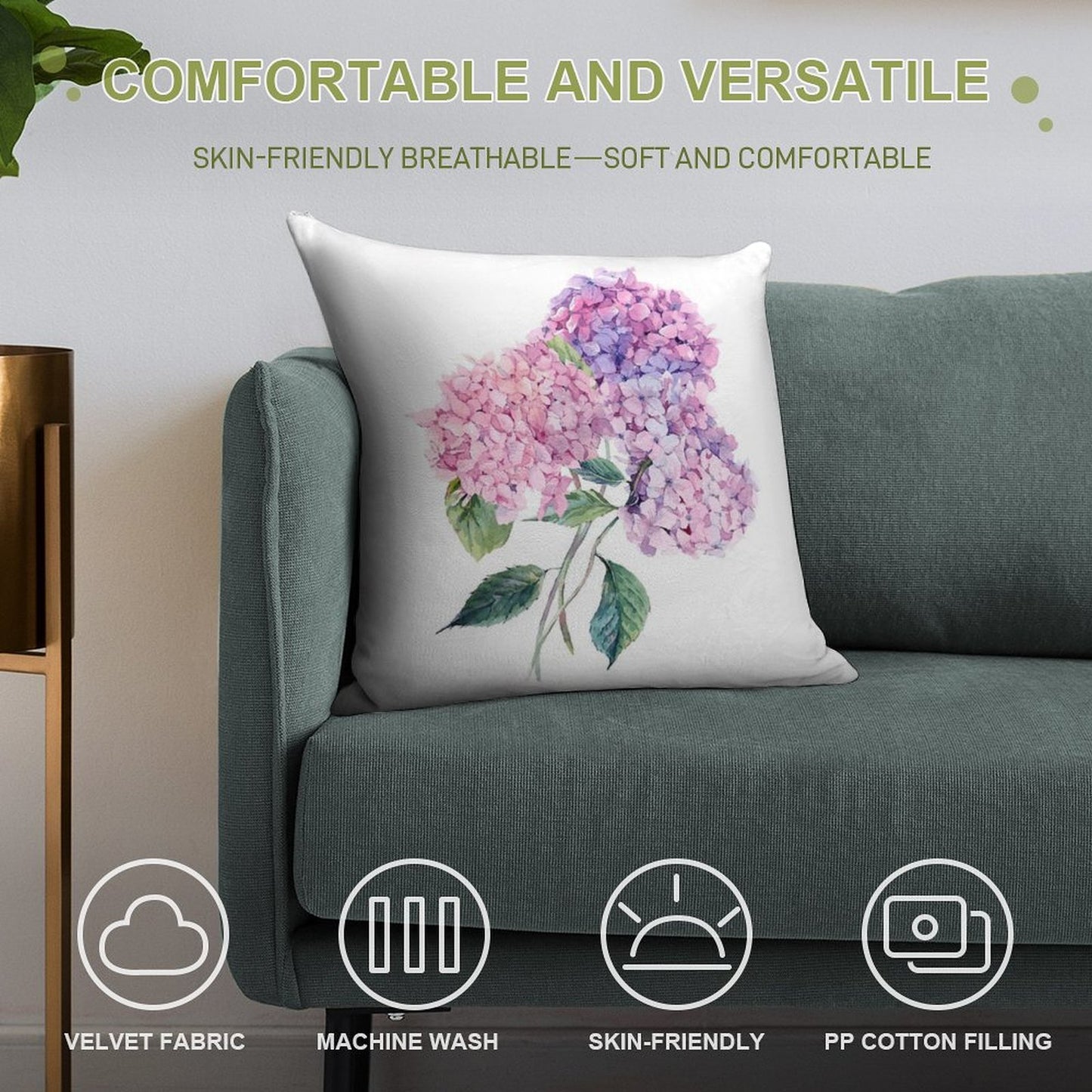 Watercolor Branch of Blooming Hydrangeas Soft Reinforced Edging Throw Pillow