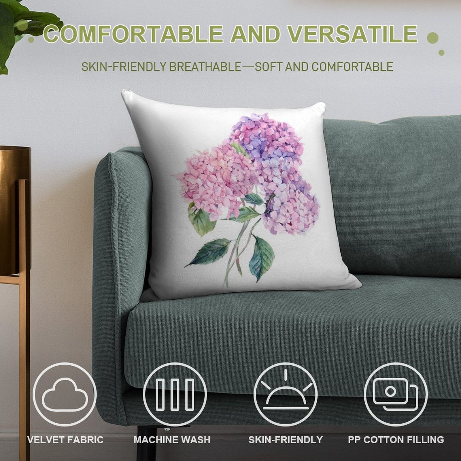 Watercolor Branch of Blooming Hydrangeas Soft Reinforced Edging Throw Pillow