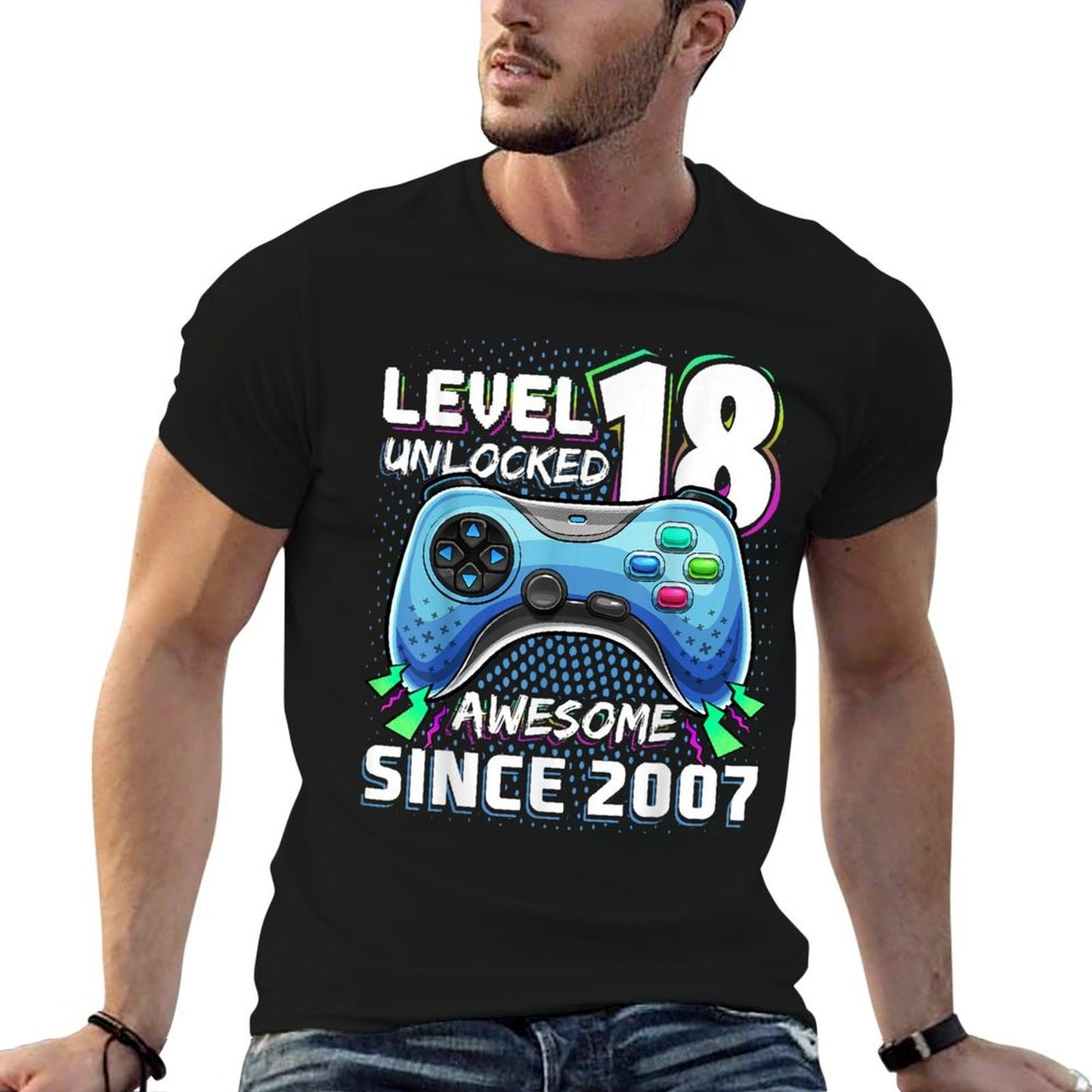 18th Birthday Boy Level 18 Gamer 18 Year Video Game Party Ribbed Collar T-Shirt