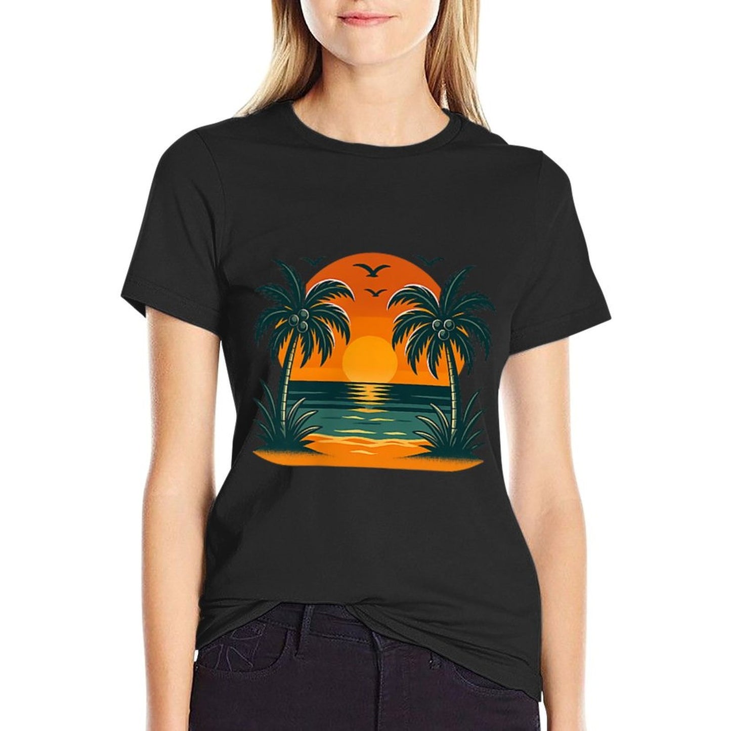 Vintage Tropical Summer Retro Sunset Palm Tree Ocean Travel Lightweight T-Shirt