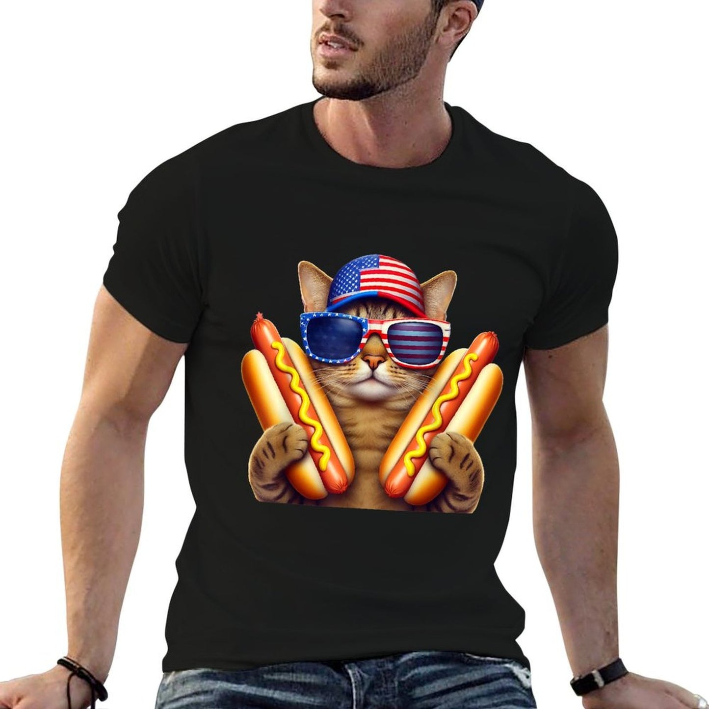 4th of July Hotdog Cat Funny Patriotic Cat USA Wiener  Polyester Blend T-Shirt