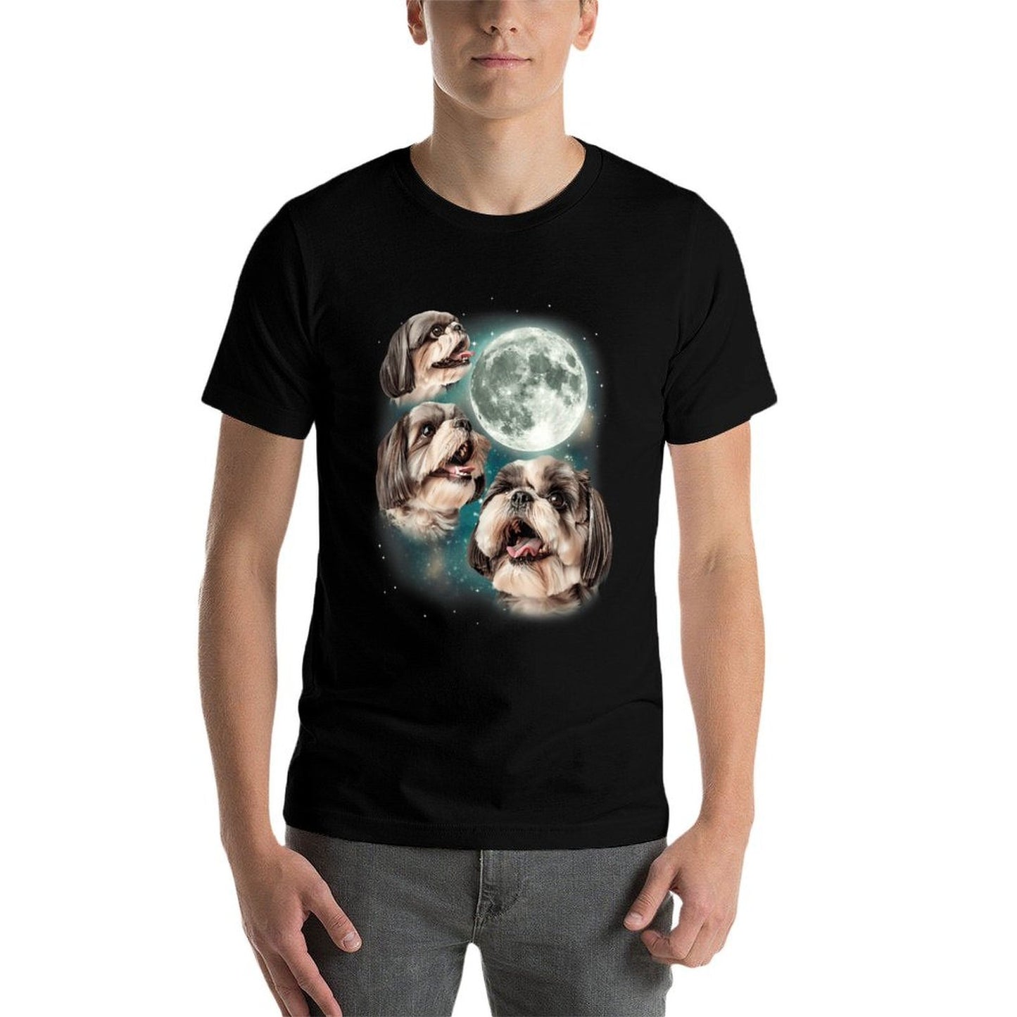Three Shih Tzu Moon 3 Puppies Howling Fun Dog Parody Meme for Men Women High-quality Stitching T-Shirt