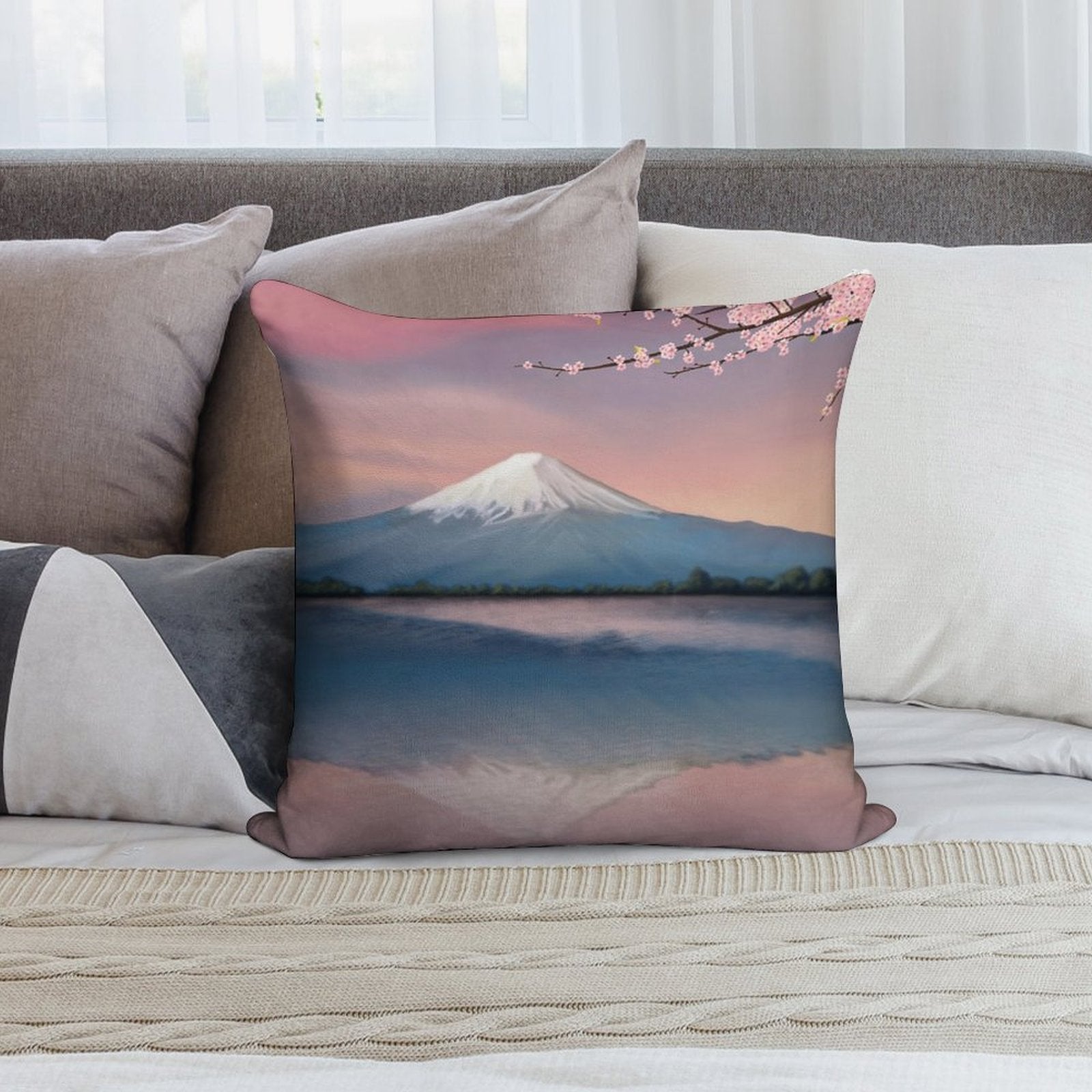 Mt Fuji with Cherry Blossoms Soft Decorative Cover Throw Pillow