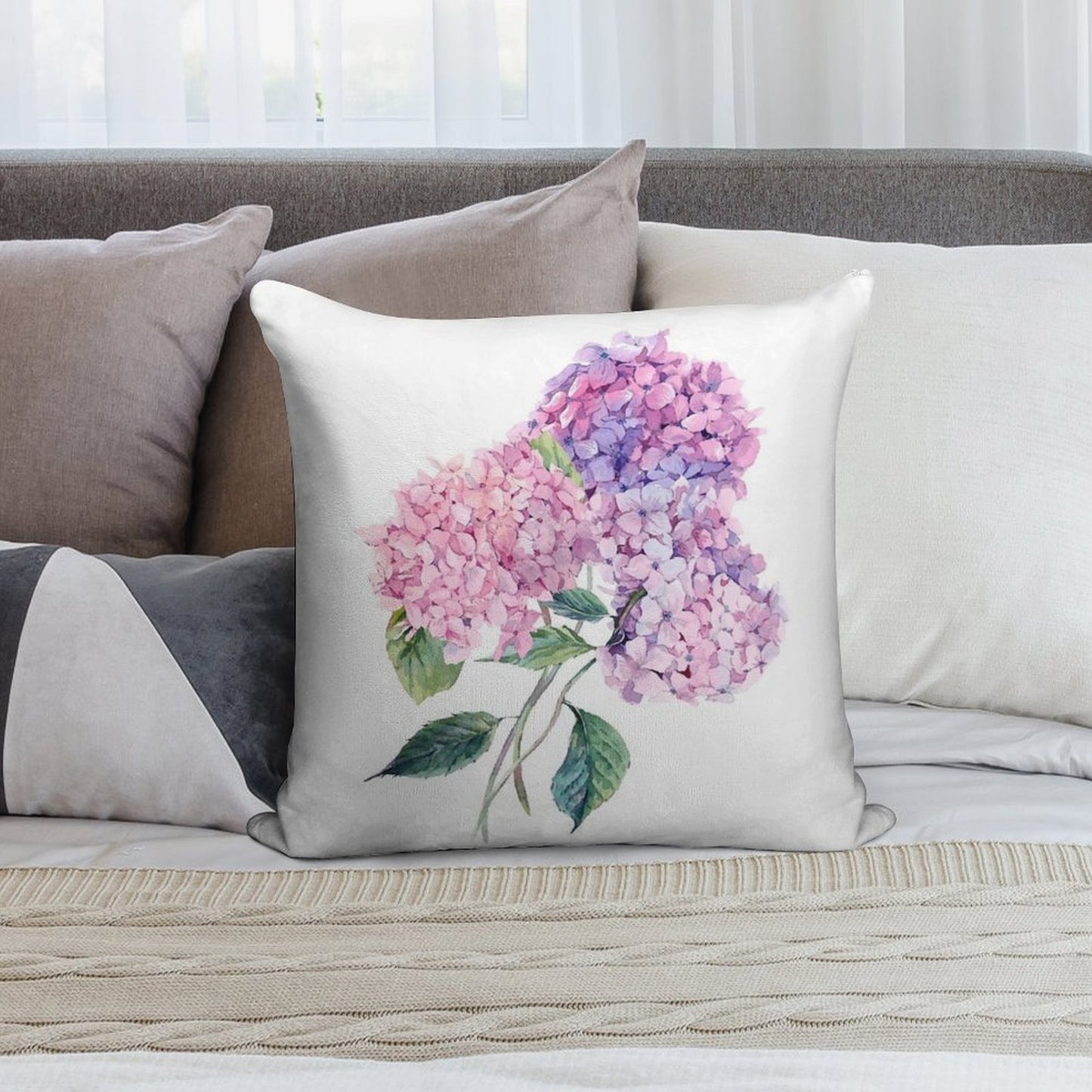 Watercolor Branch of Blooming Hydrangeas Soft Reinforced Edging Throw Pillow