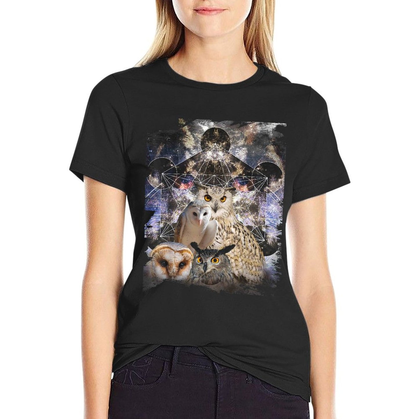 Trippy Owl Psychedelic Chakra Owls Life Flower Mandala Rave Rolled Sleeves T-Shirt