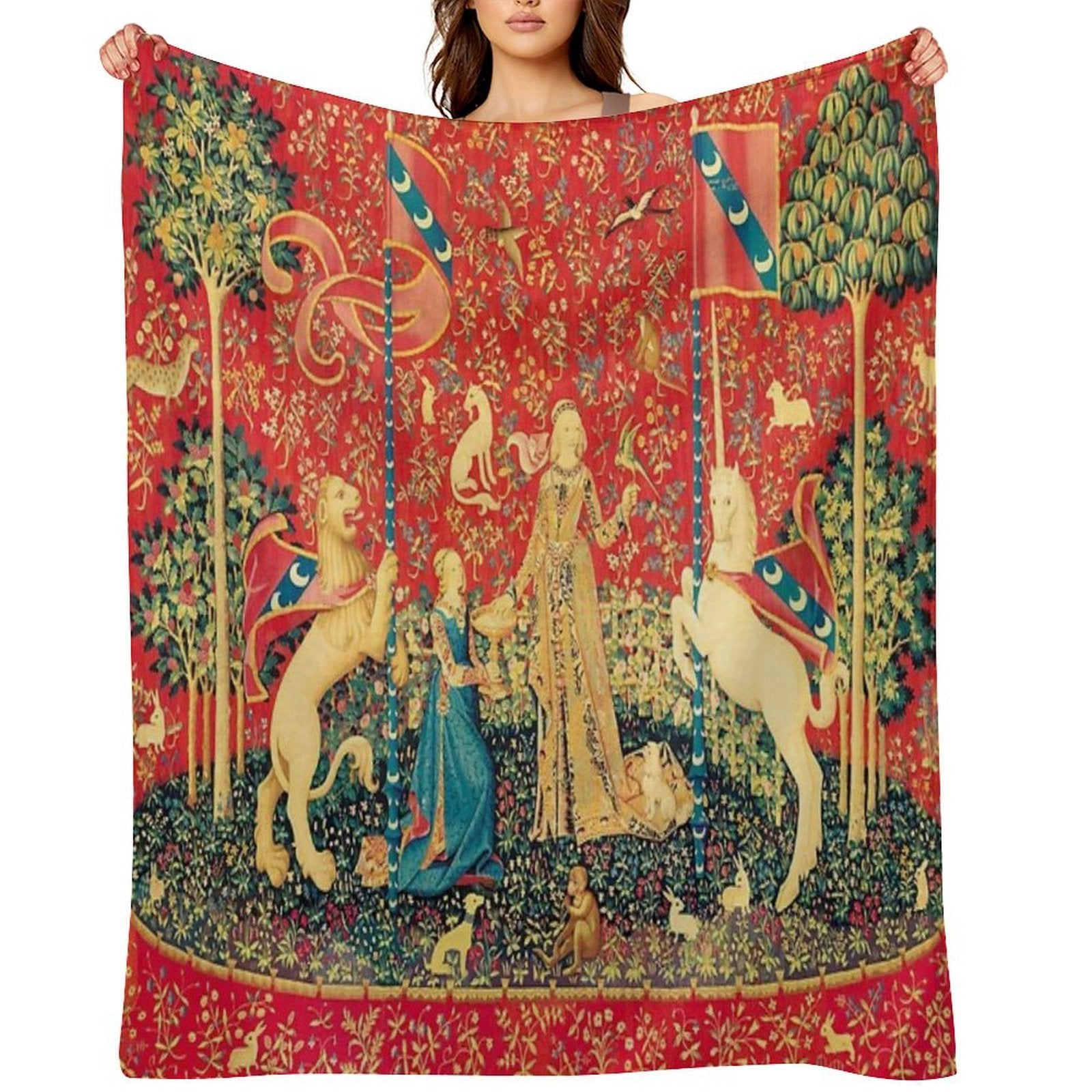 LADY AND UNICORN Taste, Red Green Fantasy Flowers,Animals Multi-functional Throw Blanket