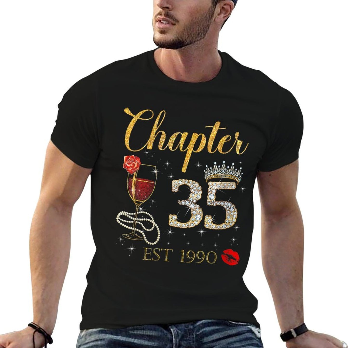 Womens Chapter 35 Est 1990 Happy Birthday 35th Rose Red Wine High-quality Stitching T-Shirt