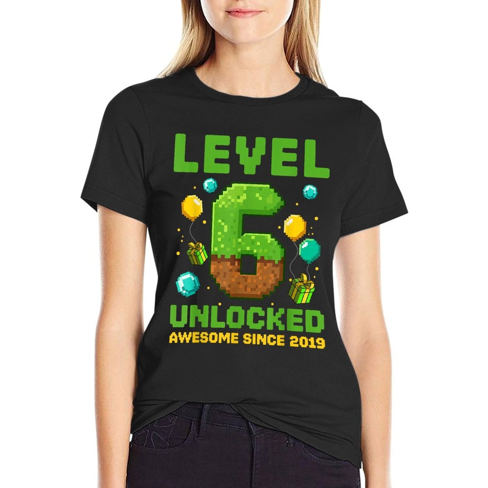 Level 6 Unlocked Awesome Since 2019 Pixel Birthday 6th  Graphic-printed T-Shirt