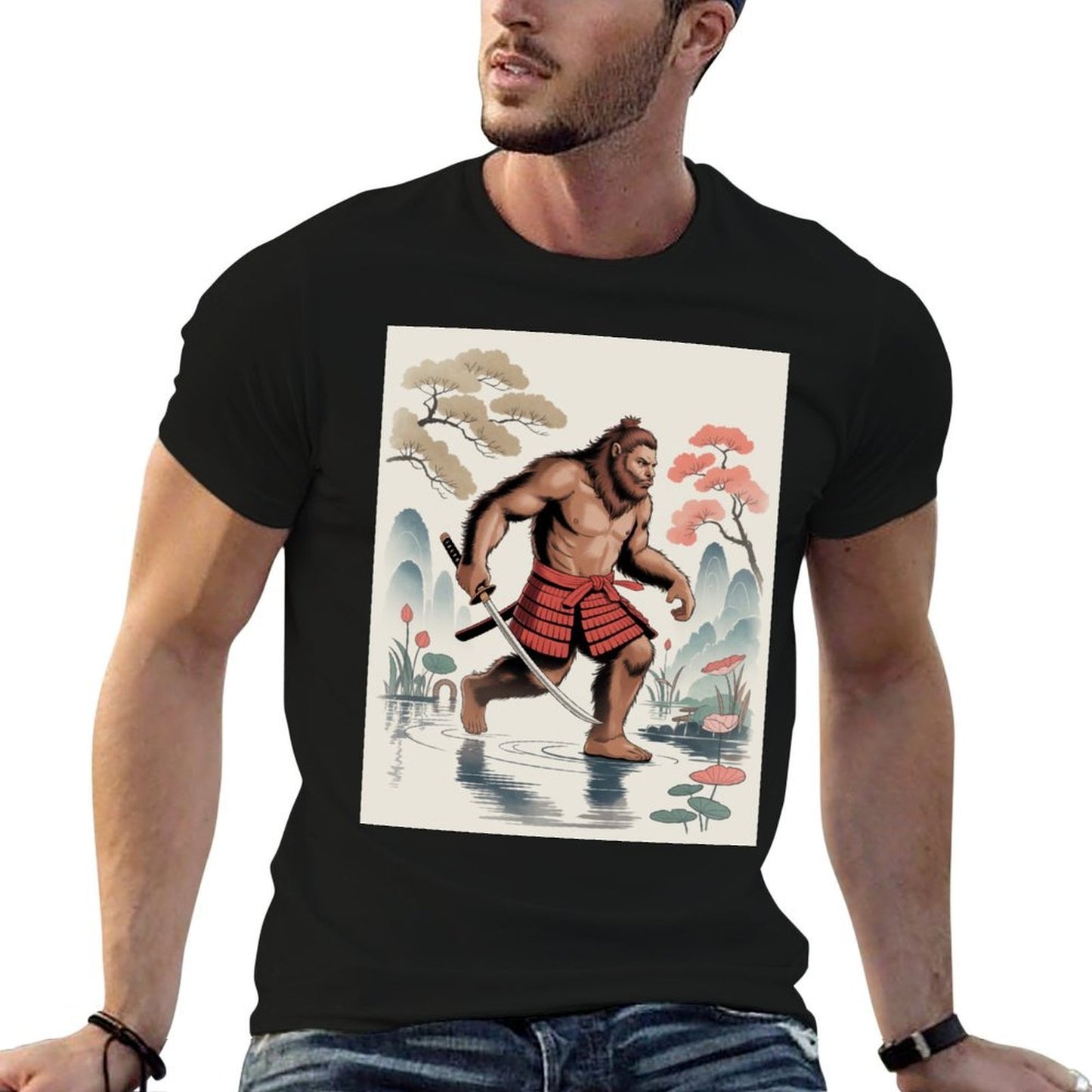 Samurai Bigfoot Ukiyo-e Art Japanese Vintage Graphic Funny Wrinkle-resistant T-Shirt