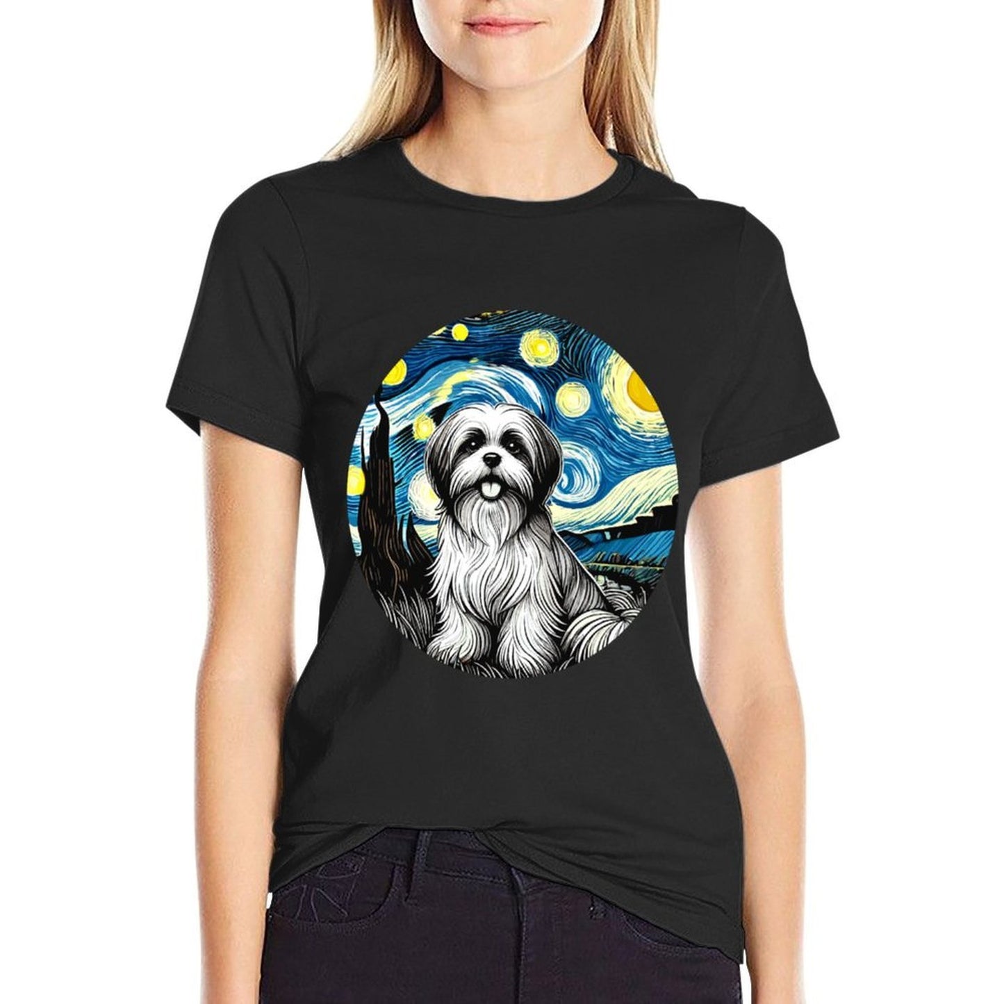 Shih Tzu Dog Mom Dad Cute - Van Gogh Starry Night Style Polyester Blend T-Shirt