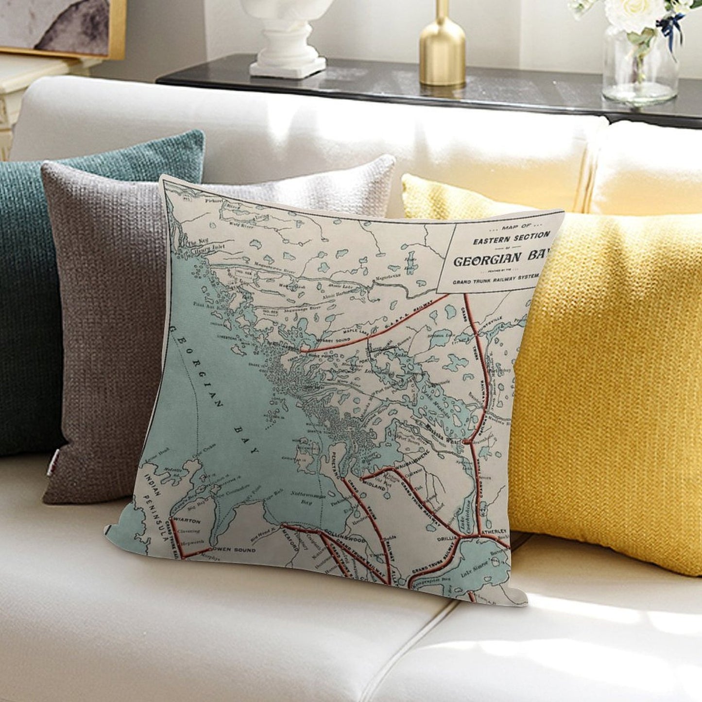 Vintage Map of Georgian Bay And Muskoka Lakes Soft Reinforced Edging Throw Pillow