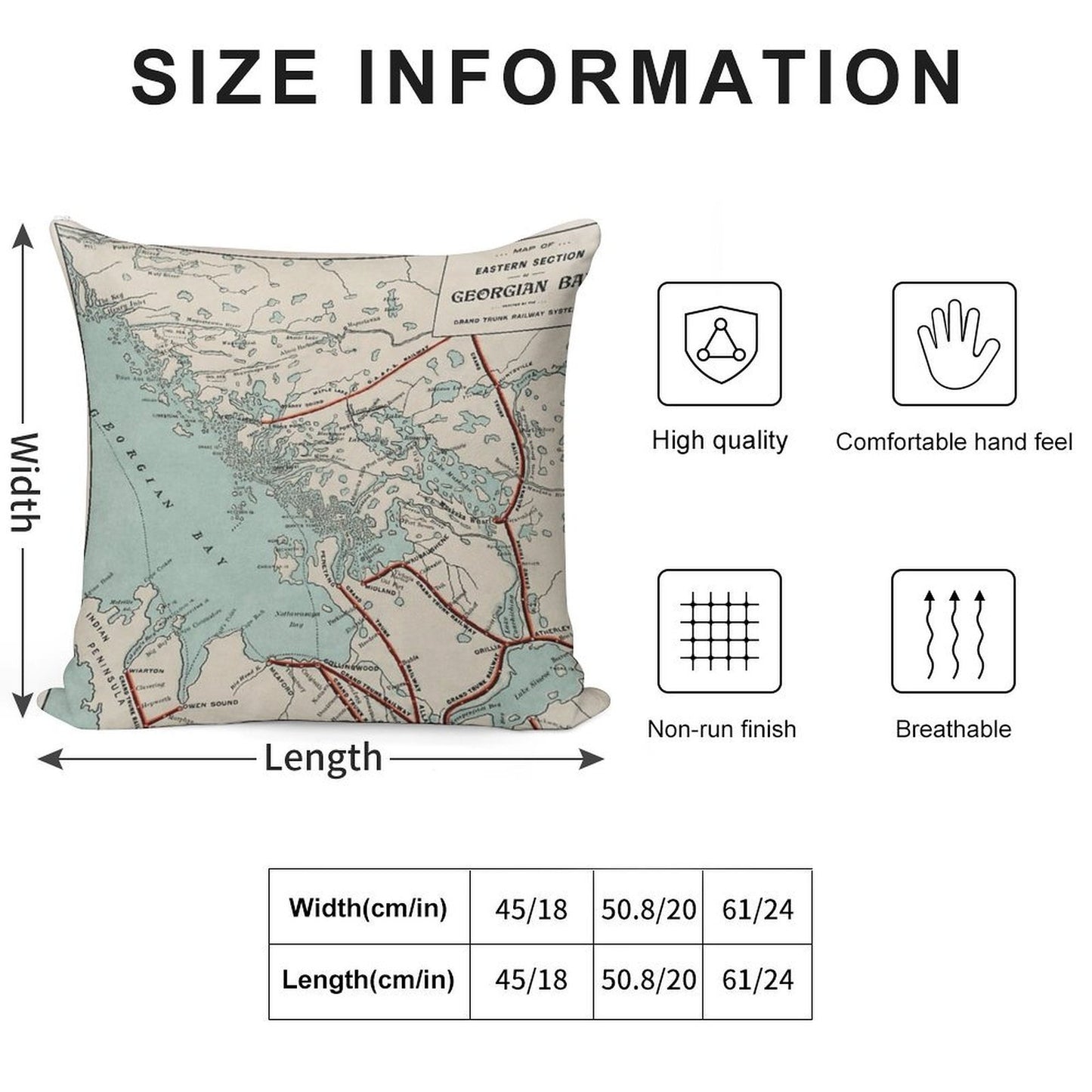 Vintage Map of Georgian Bay And Muskoka Lakes Soft Reinforced Edging Throw Pillow