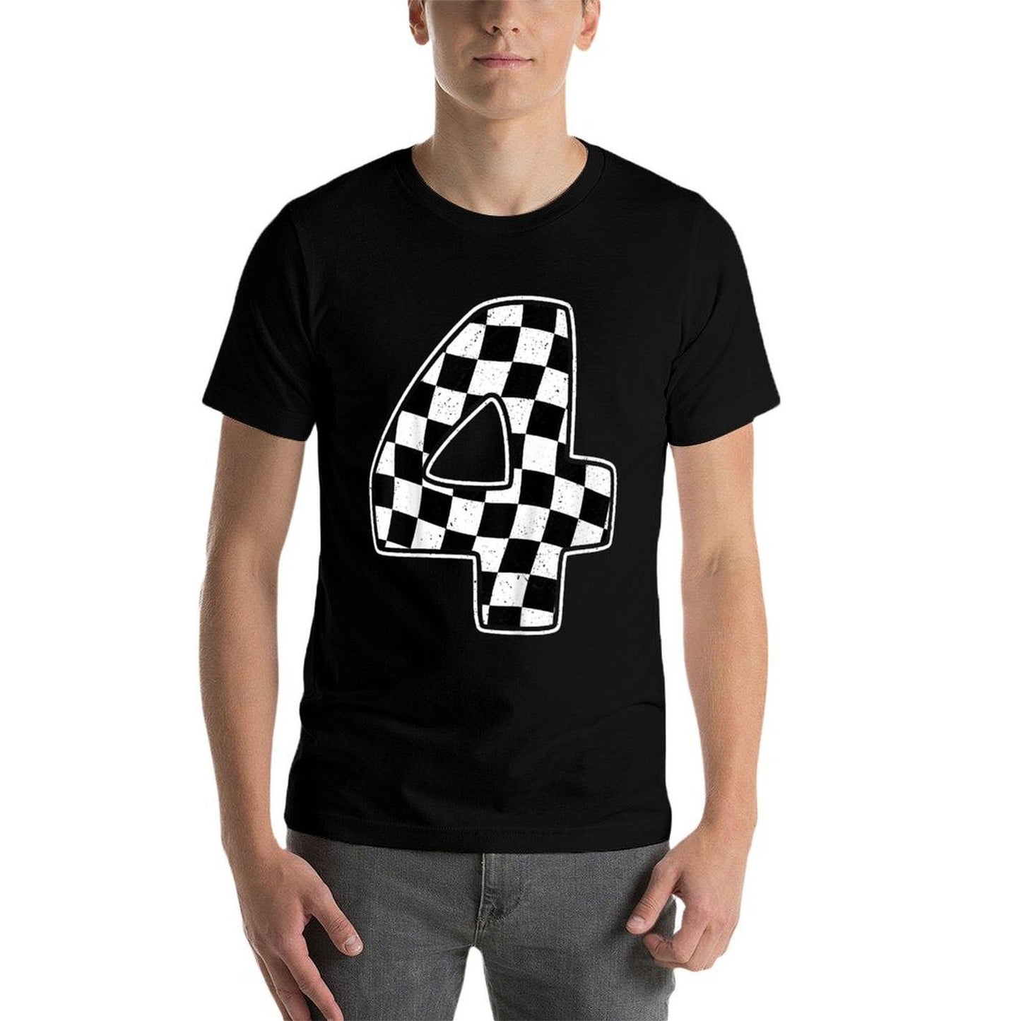 4th Birthday Checkered Number 4 Car Racing  Summer-ready Fabric T-Shirt