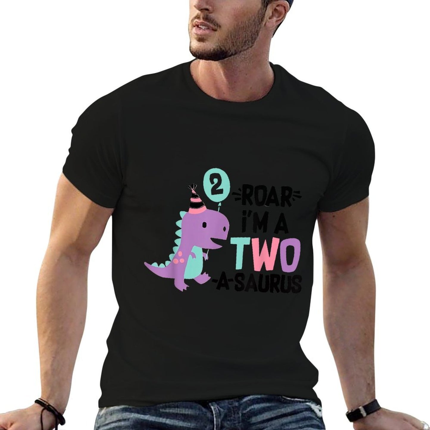 Roar Im A Two-A-Saurus Two Years Old Birthday Party Boy Girl Oversized Silhouette T-Shirt