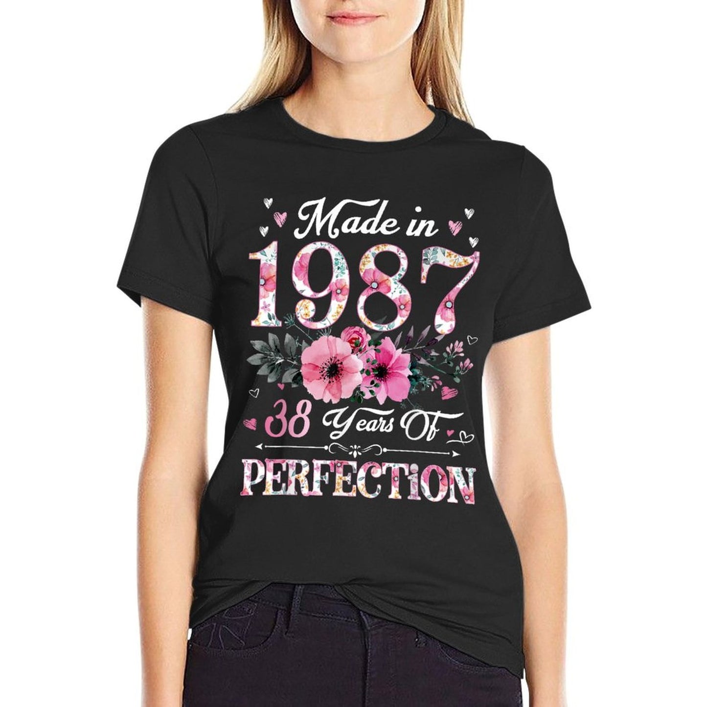 38 Year Old Made In 1987 Floral 38th Birthday Gift For Women High-quality Stitching T-Shirt