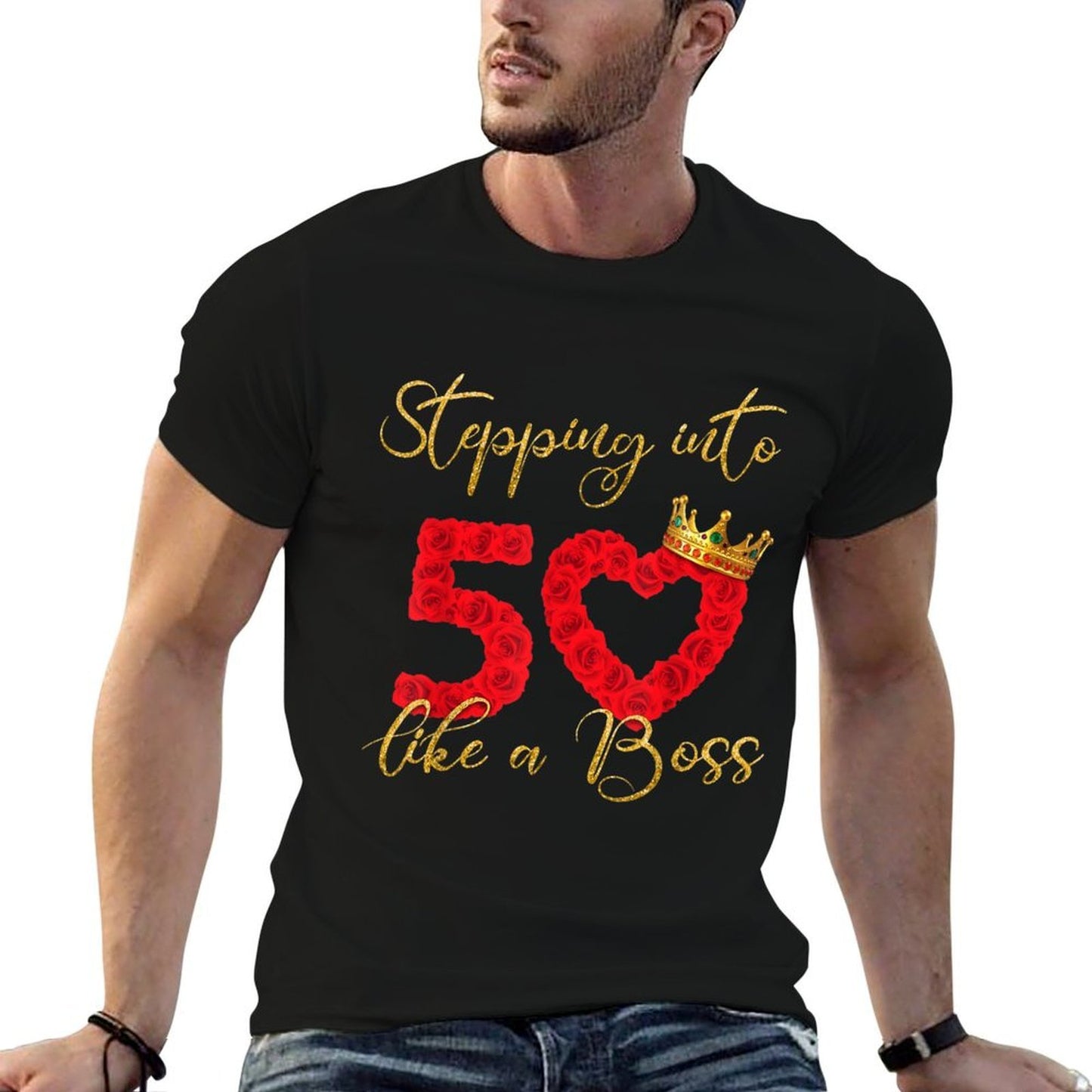 Stepping Into 50 Like A Boss Flower Heart 50th Birthday Oversized Silhouette T-Shirt