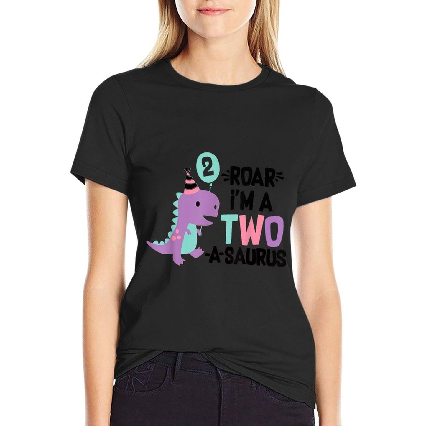 Roar Im A Two-A-Saurus Two Years Old Birthday Party Boy Girl Oversized Silhouette T-Shirt