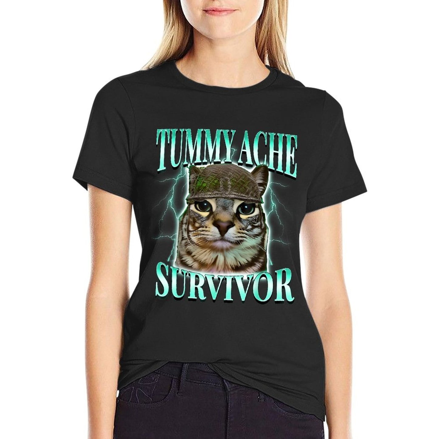 Tummy Ache Survivor Cat Meme Funny Saying Cats Animals for Men Women Comfortable T-Shirt