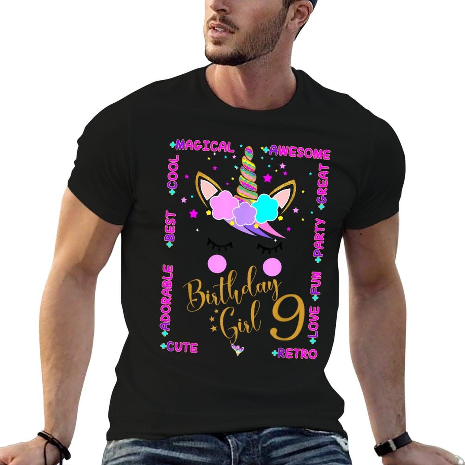 9th Unicorn Birthday Girl Nine Years Old Kids  Trendy Pattern T-Shirt
