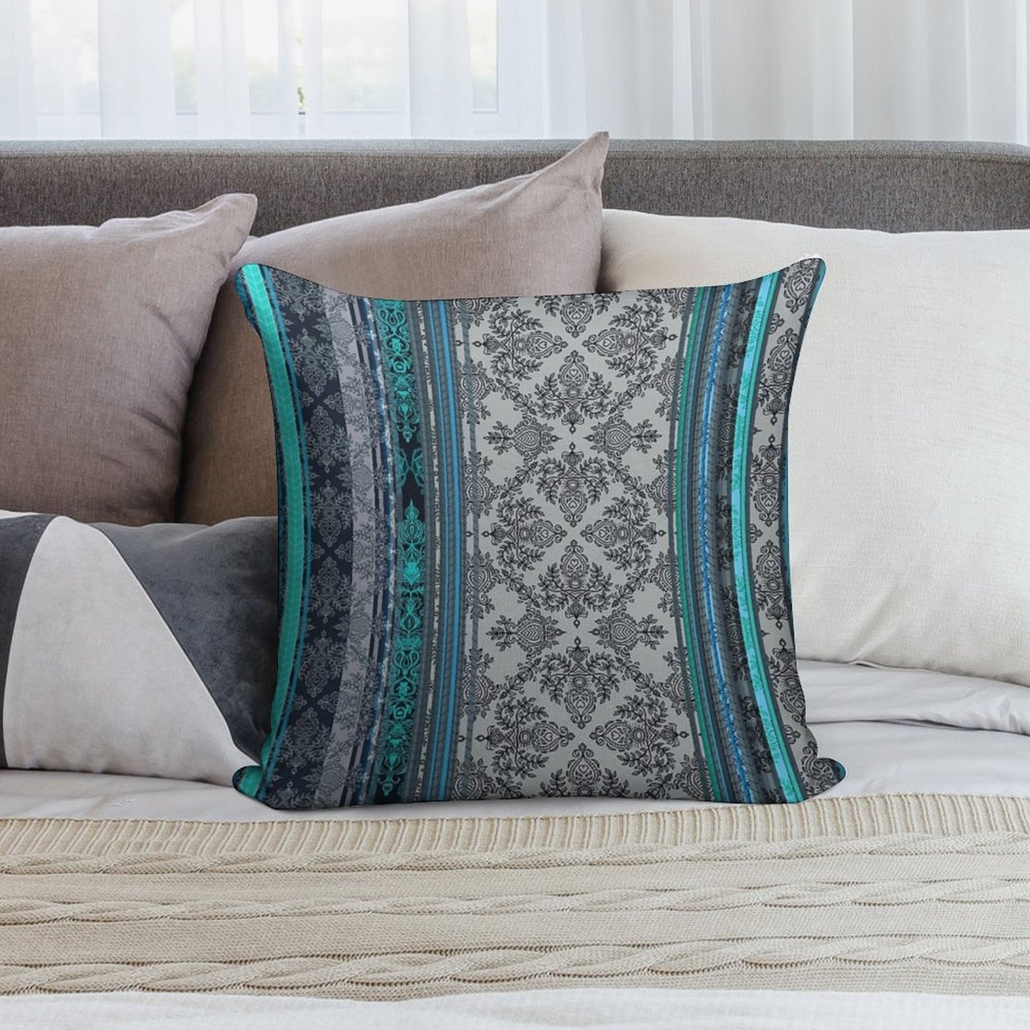 Teal, Aqua & Grey Vintage Bohemian Wallpaper Soft Skin-Friendly Throw Pillow