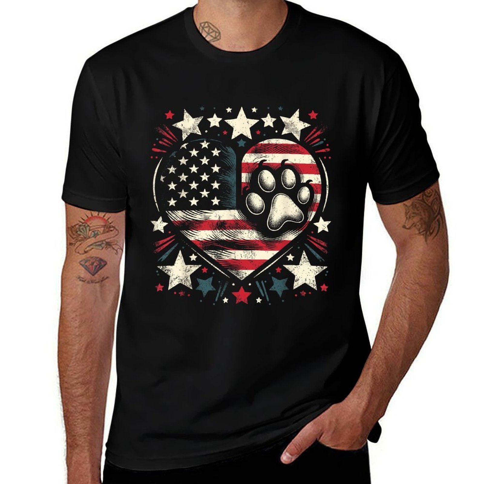 American Patriotic Dog And Cat Paw 4th Of July  Moisture-wicking T-Shirt