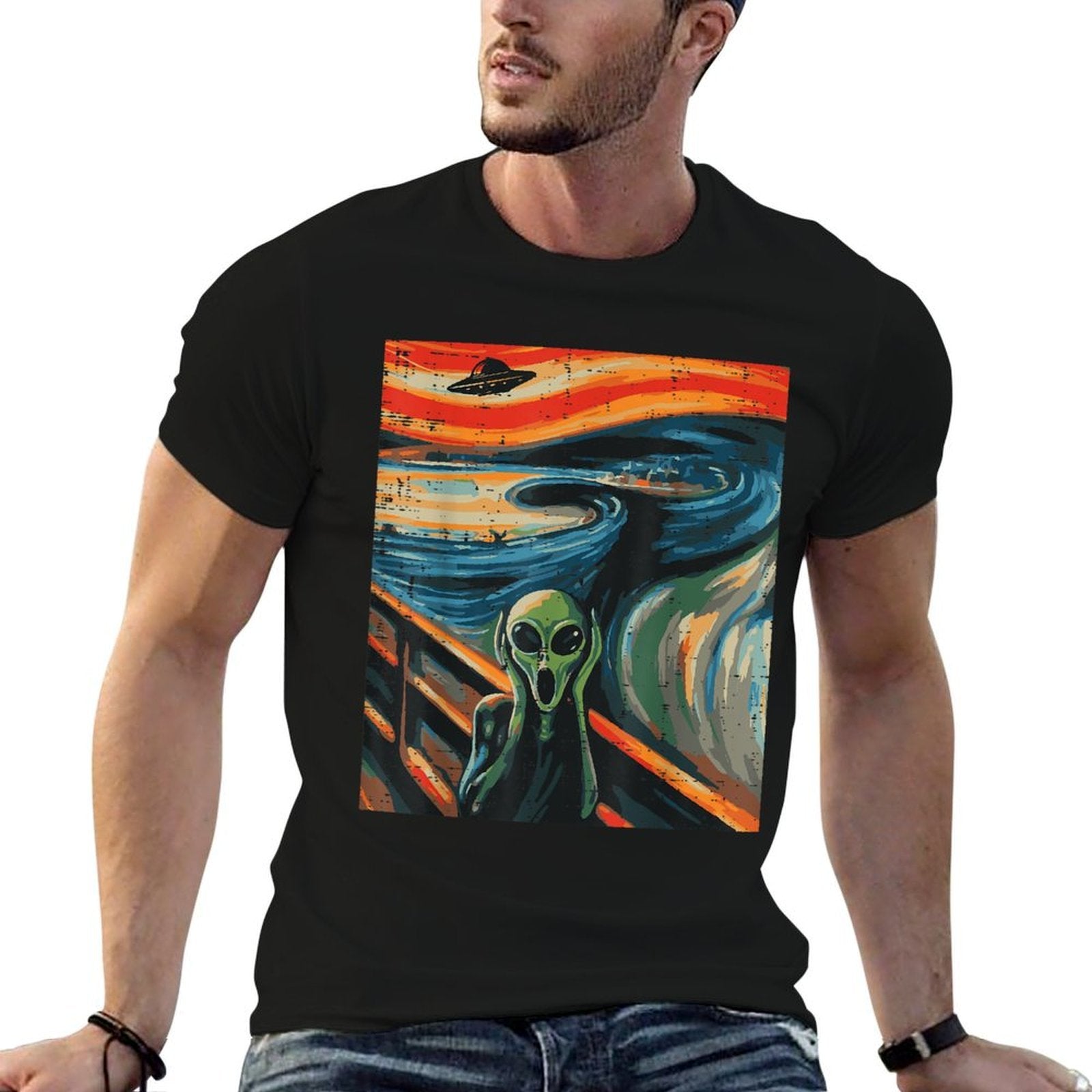Alien Scream Painting Funny UFO Space Art Women Men Kids  Fade-proof Color T-Shirt
