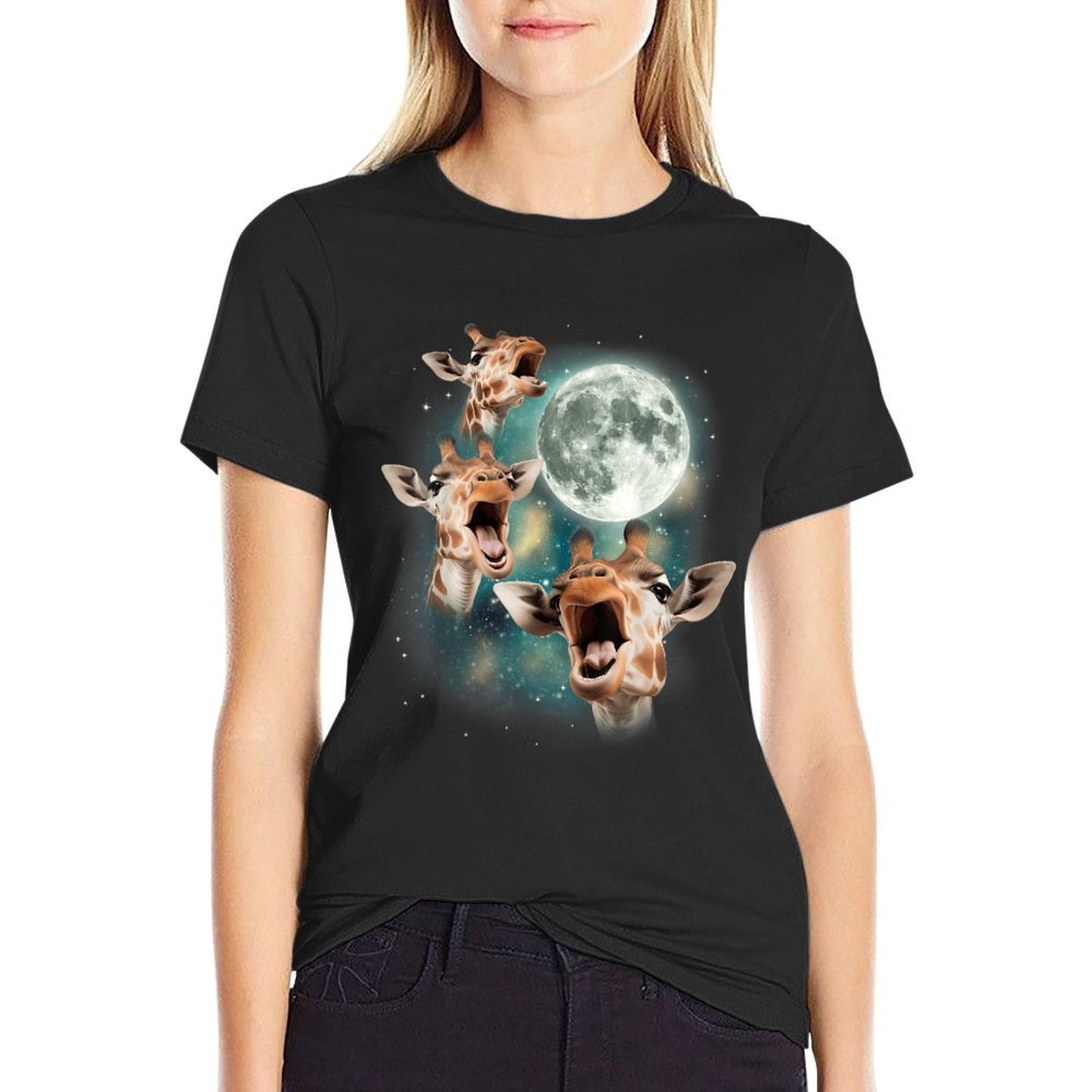 Three Giraffes Howling at Moon 3 Savanna Wildlife Animals Comfortable T-Shirt
