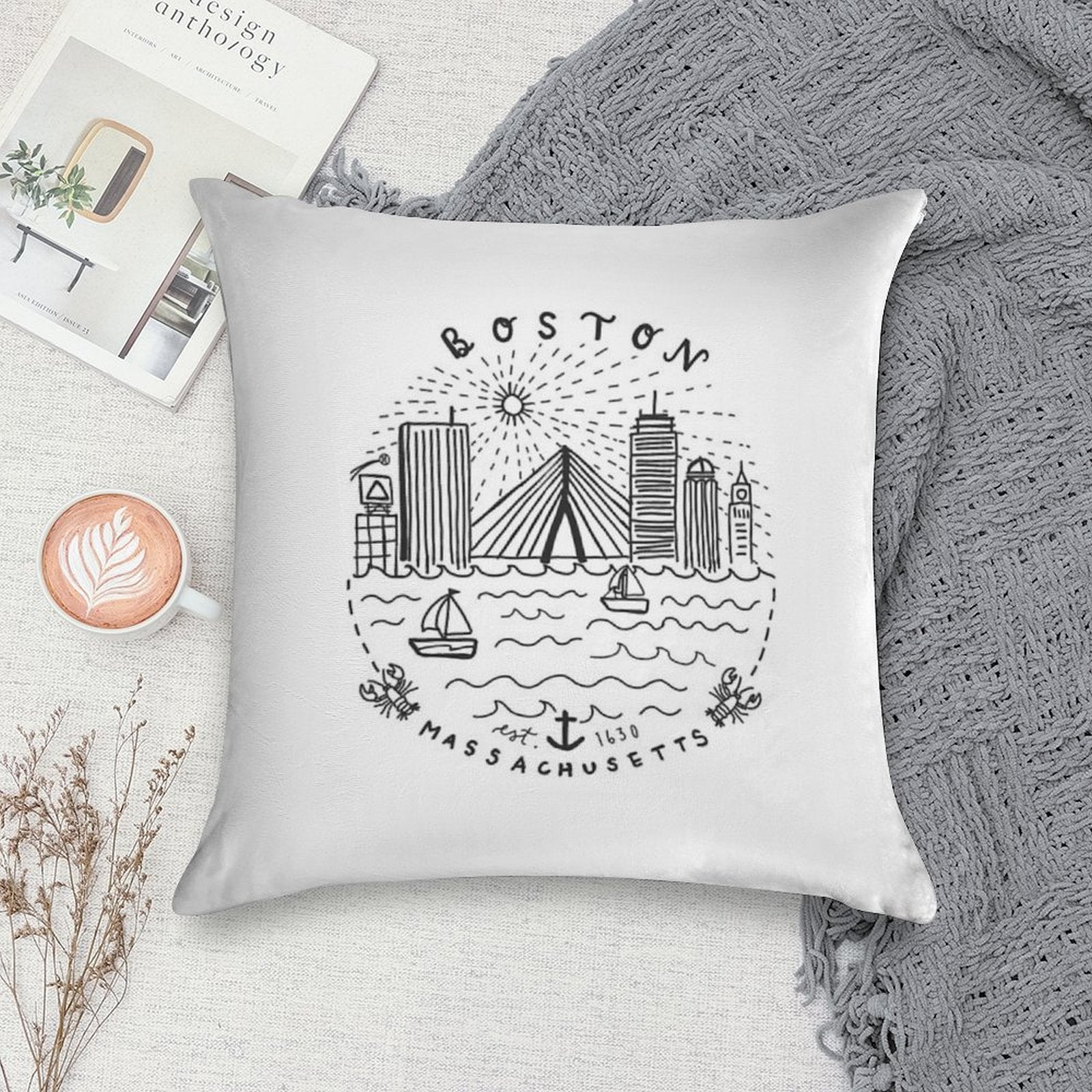 Boston Mass Skyline Collage Soft Ultra-Soft Texture Throw Pillow