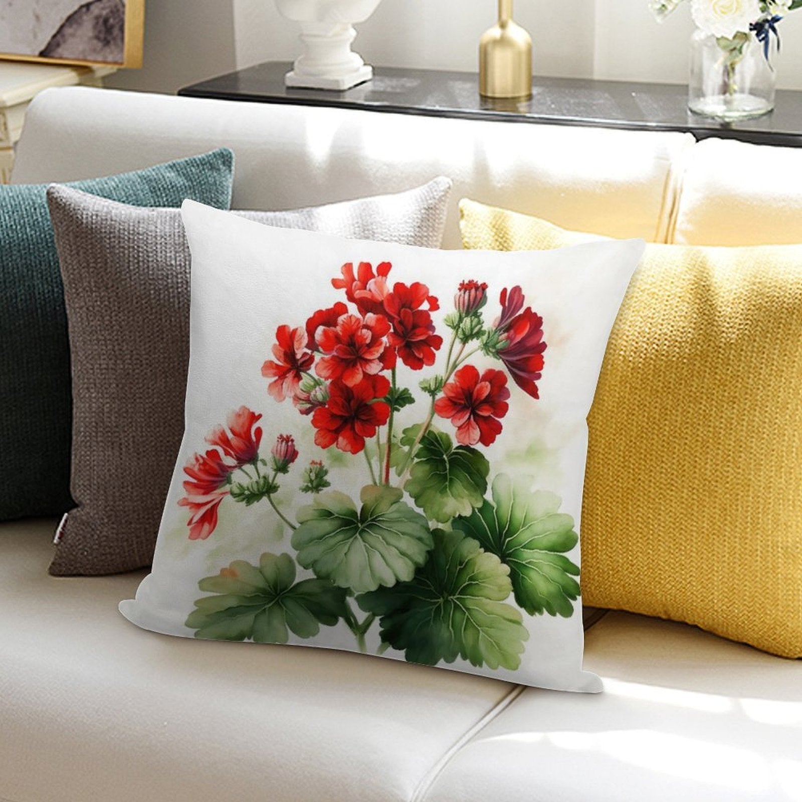 Red Geranium Flowers Soft Home Decor Throw Pillow