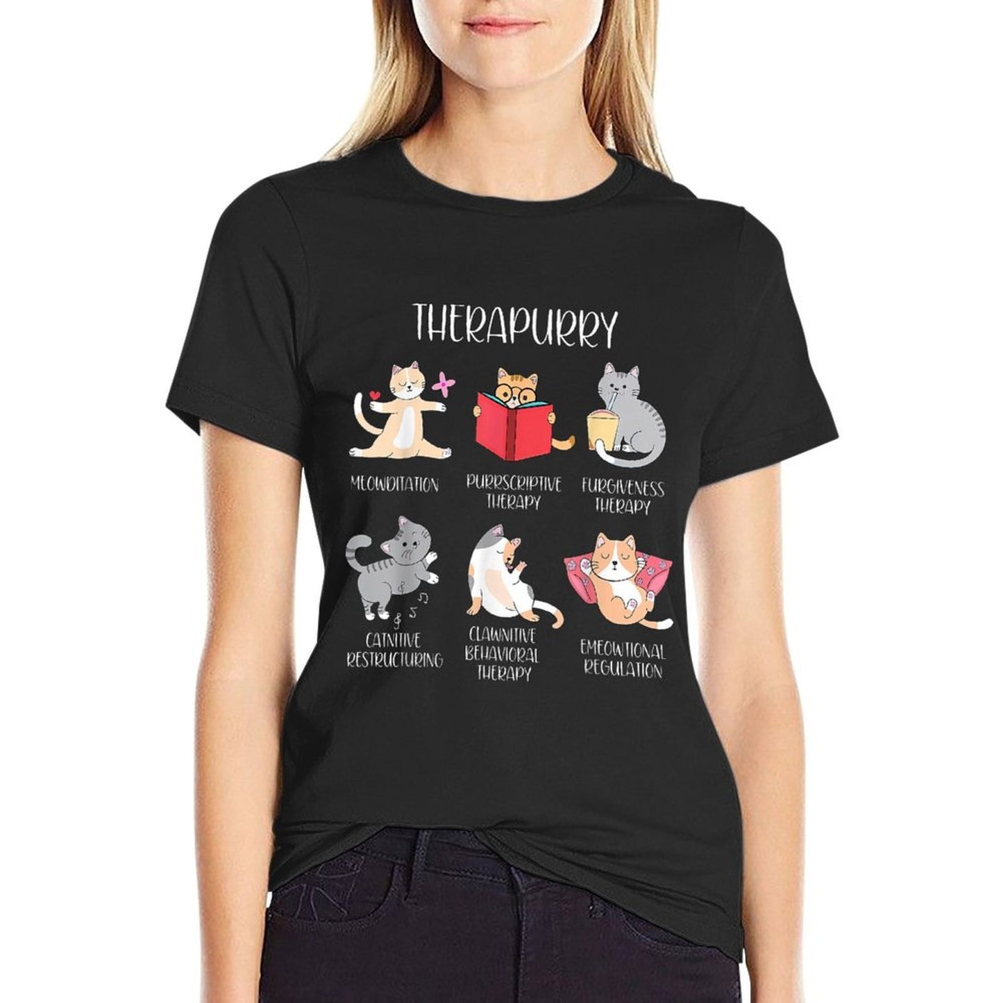 Therapurry Funny Cat Lover Therapy Cat Puns Mental Health Rolled Sleeves T-Shirt