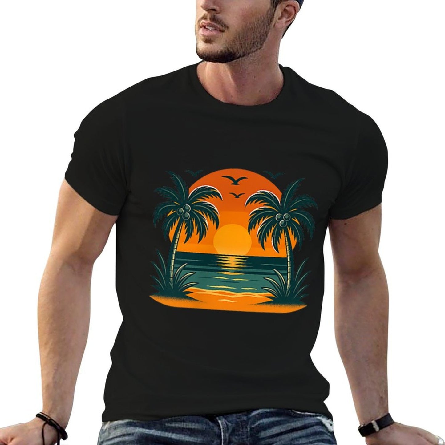 Vintage Tropical Summer Retro Sunset Palm Tree Ocean Travel Lightweight T-Shirt