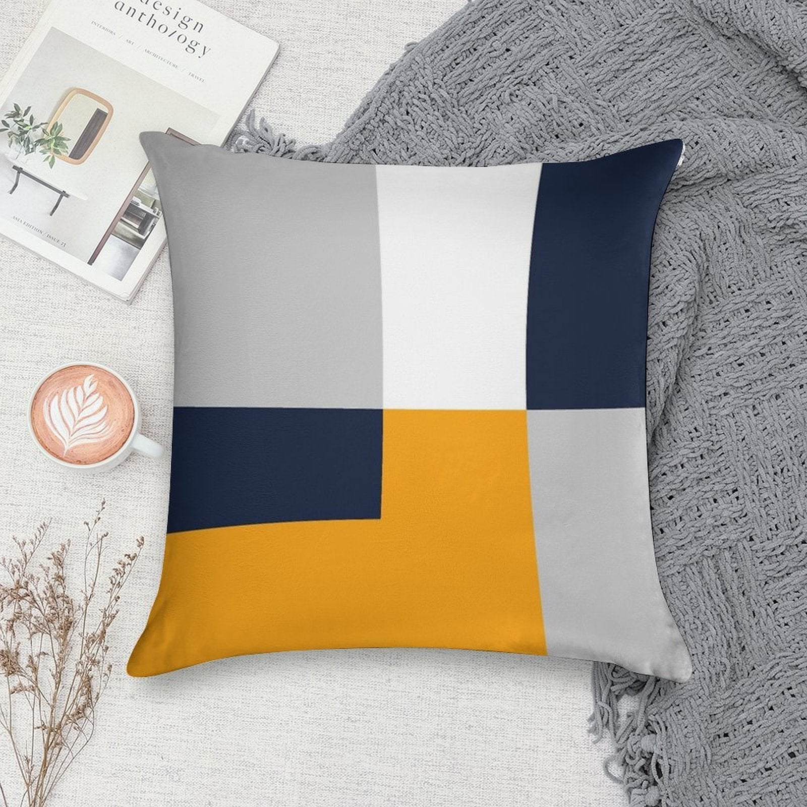 Modern Color Block - Navy, Grey And Yellow Soft Luxury Feel Throw Pillow