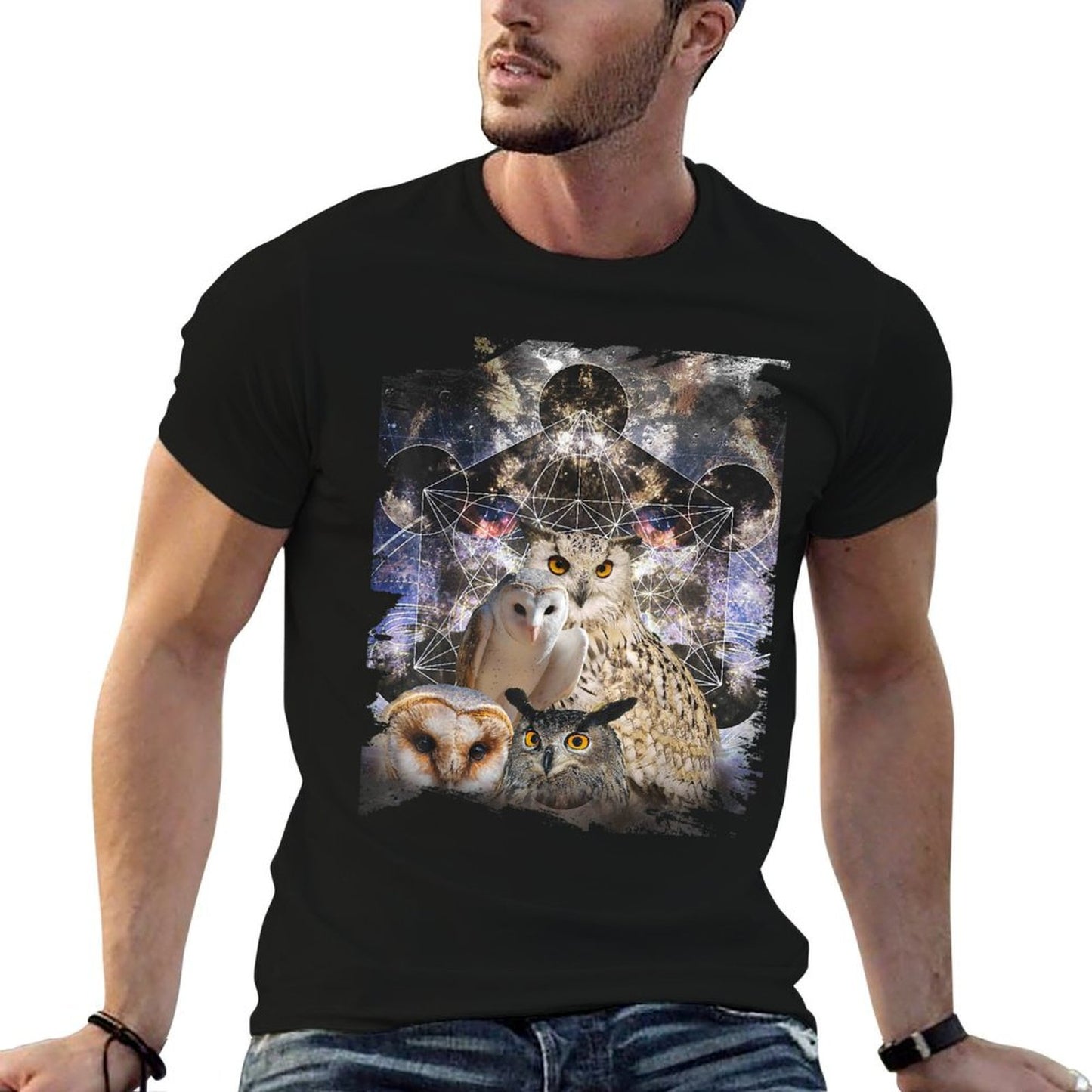 Trippy Owl Psychedelic Chakra Owls Life Flower Mandala Rave Rolled Sleeves T-Shirt