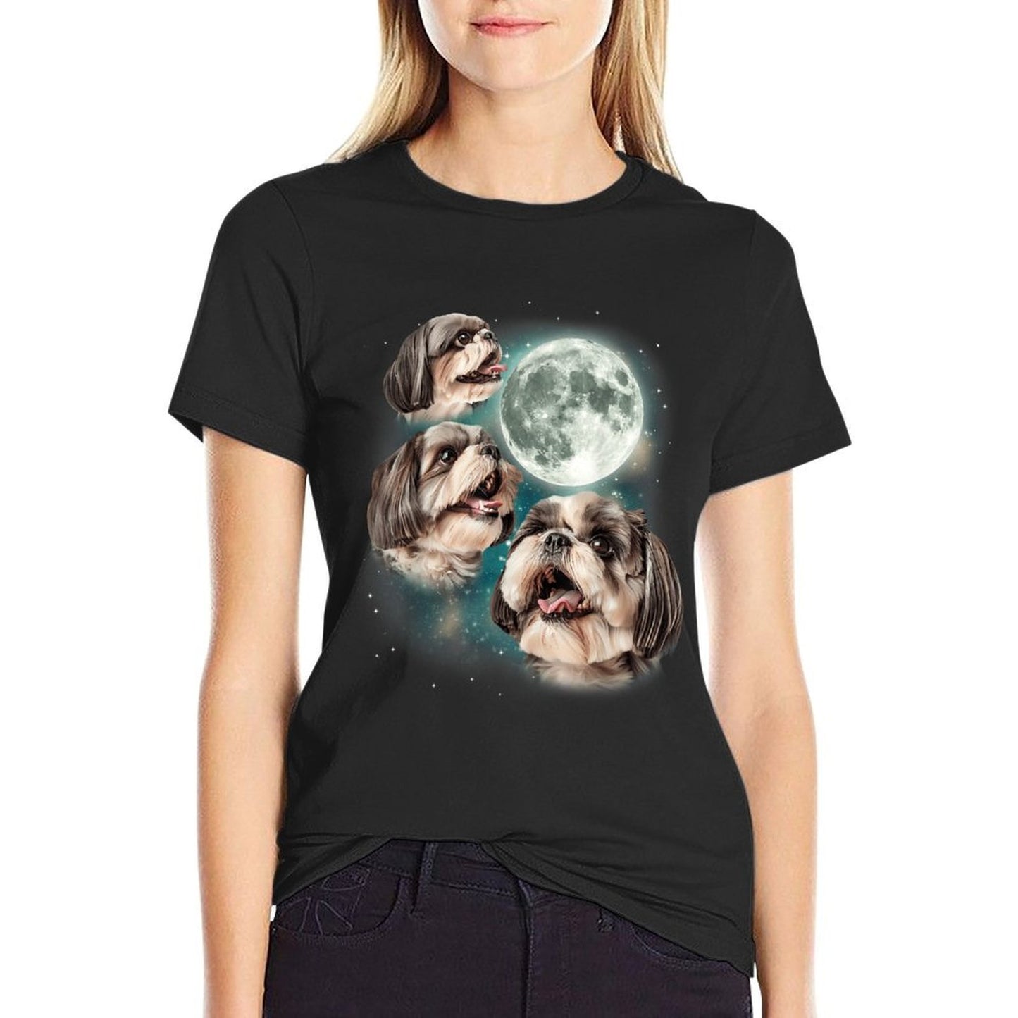 Three Shih Tzu Moon 3 Puppies Howling Fun Dog Parody Meme for Men Women High-quality Stitching T-Shirt
