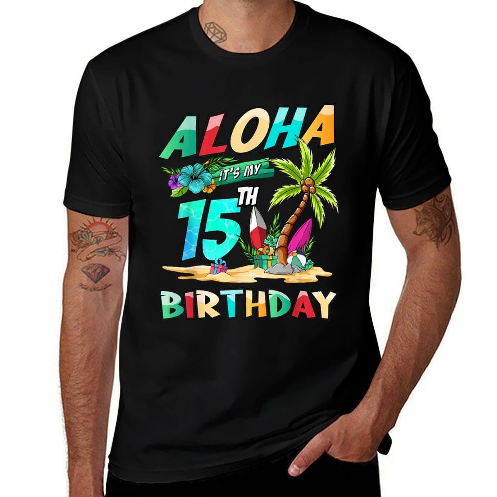 Aloha 15th Birthday Hawaiian Beach Tropical Theme Bday  Rolled Sleeves T-Shirt