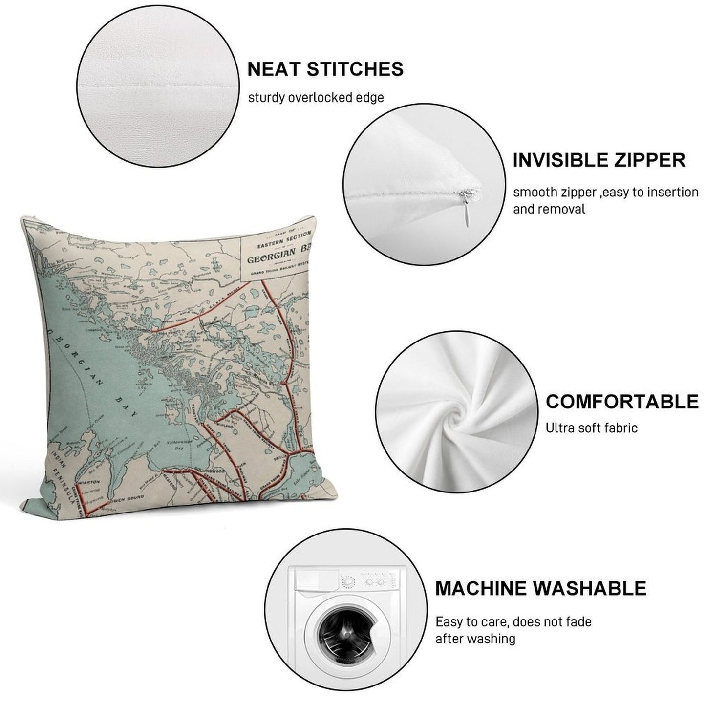 Vintage Map of Georgian Bay And Muskoka Lakes Soft Reinforced Edging Throw Pillow
