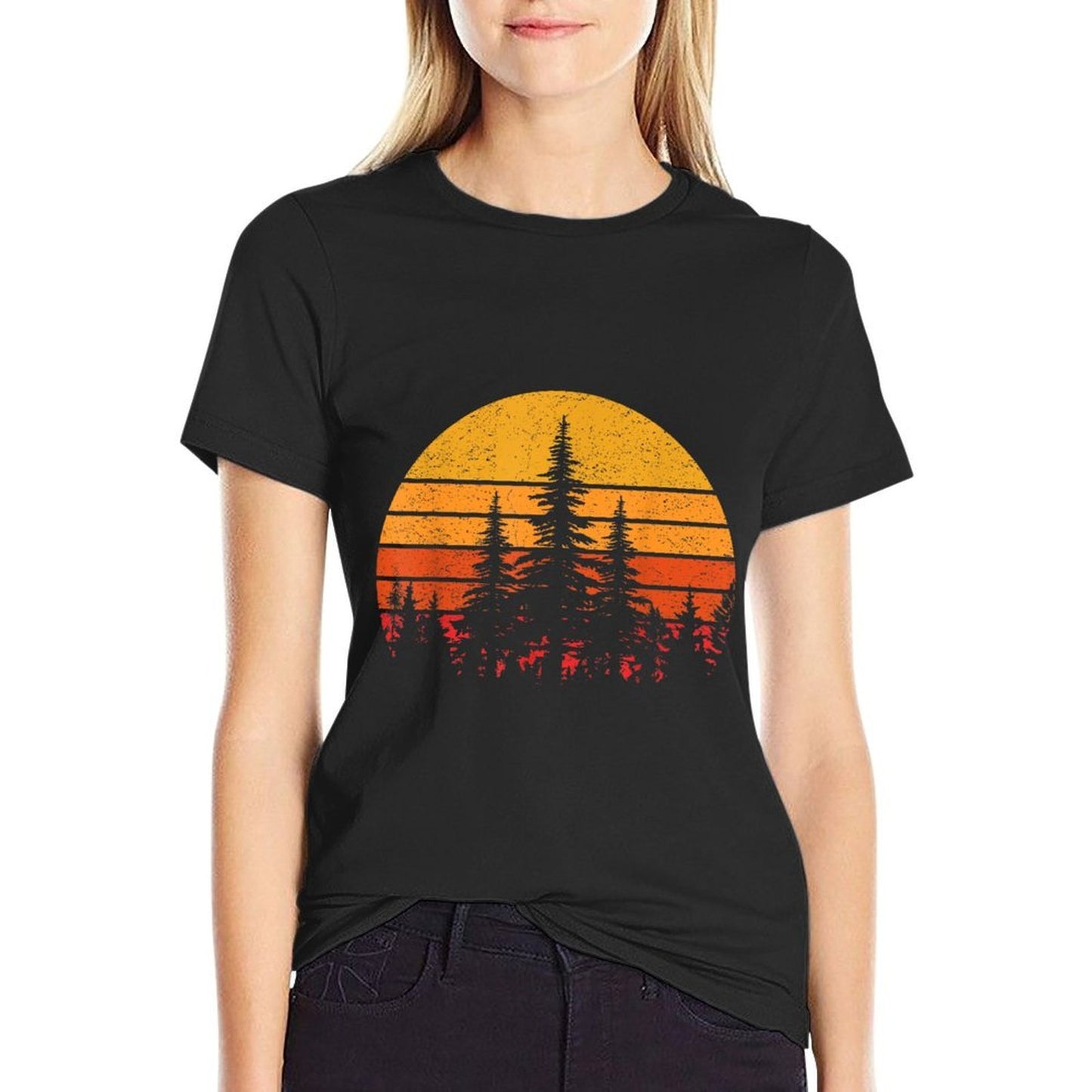 Retro Sun Minimalist Pine Trees Wildlife Nature Forest  Durable T-Shirt