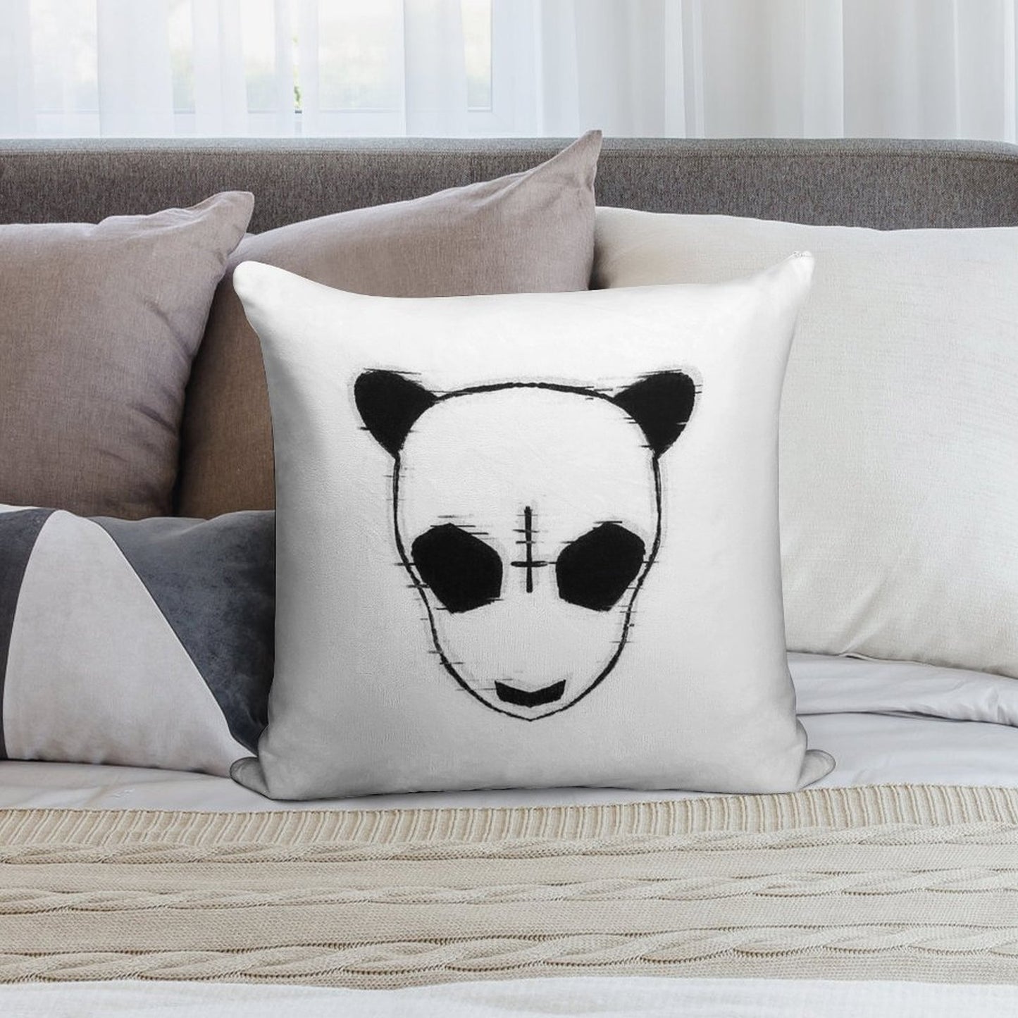 Cro Rapper Mask, Glitch Effect, Blackwhite, Transparent Soft Luxury Feel Throw Pillow