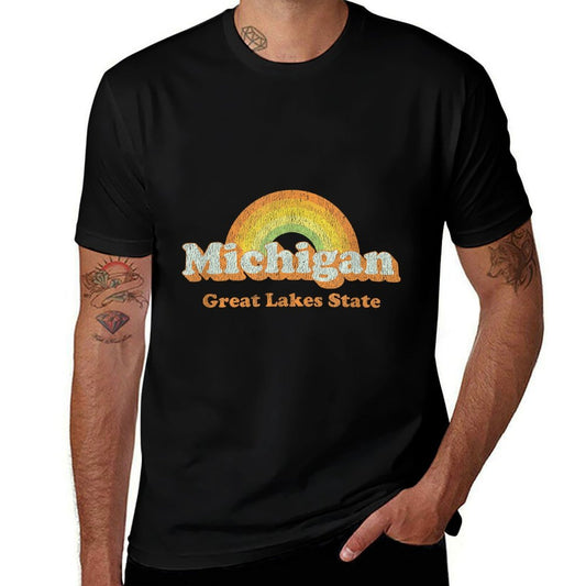 Retro Michigan T Vintage 70s Rainbow Design  Cotton T-Shirt