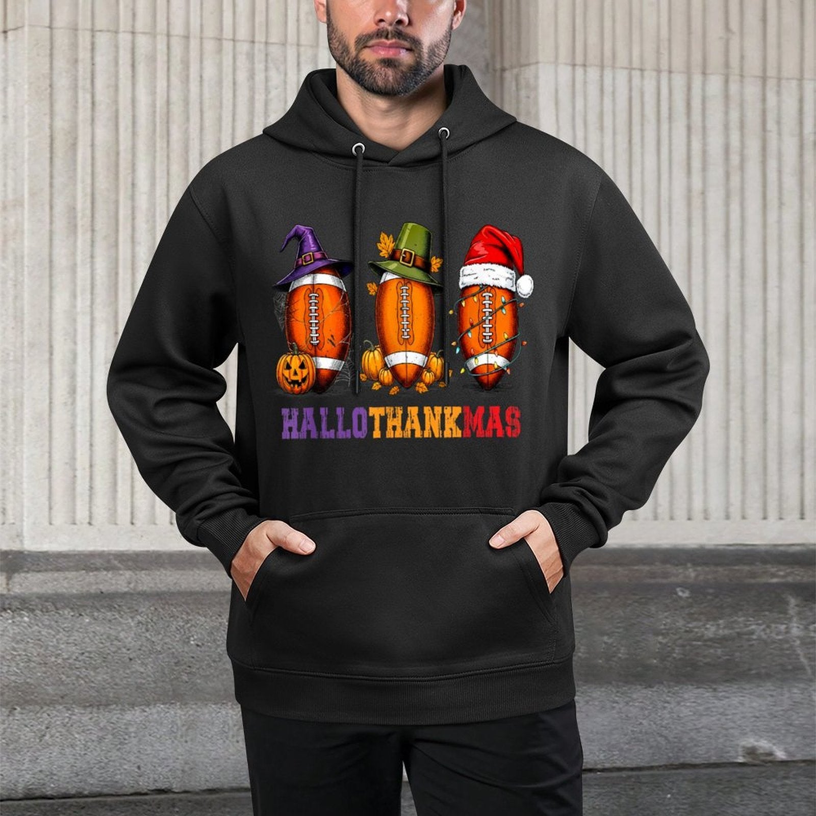 Funny HalloThankMas Football Halloween Thanksgiving Xmas Colorfast Hoodie