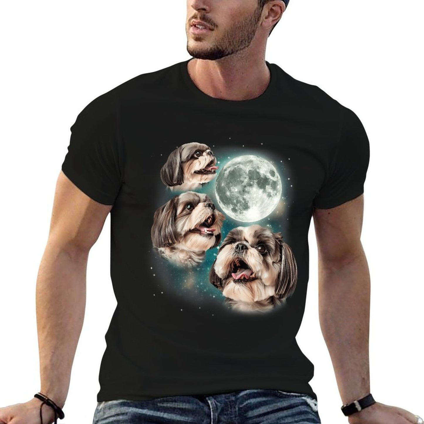 Three Shih Tzu Moon 3 Puppies Howling Fun Dog Parody Meme for Men Women High-quality Stitching T-Shirt